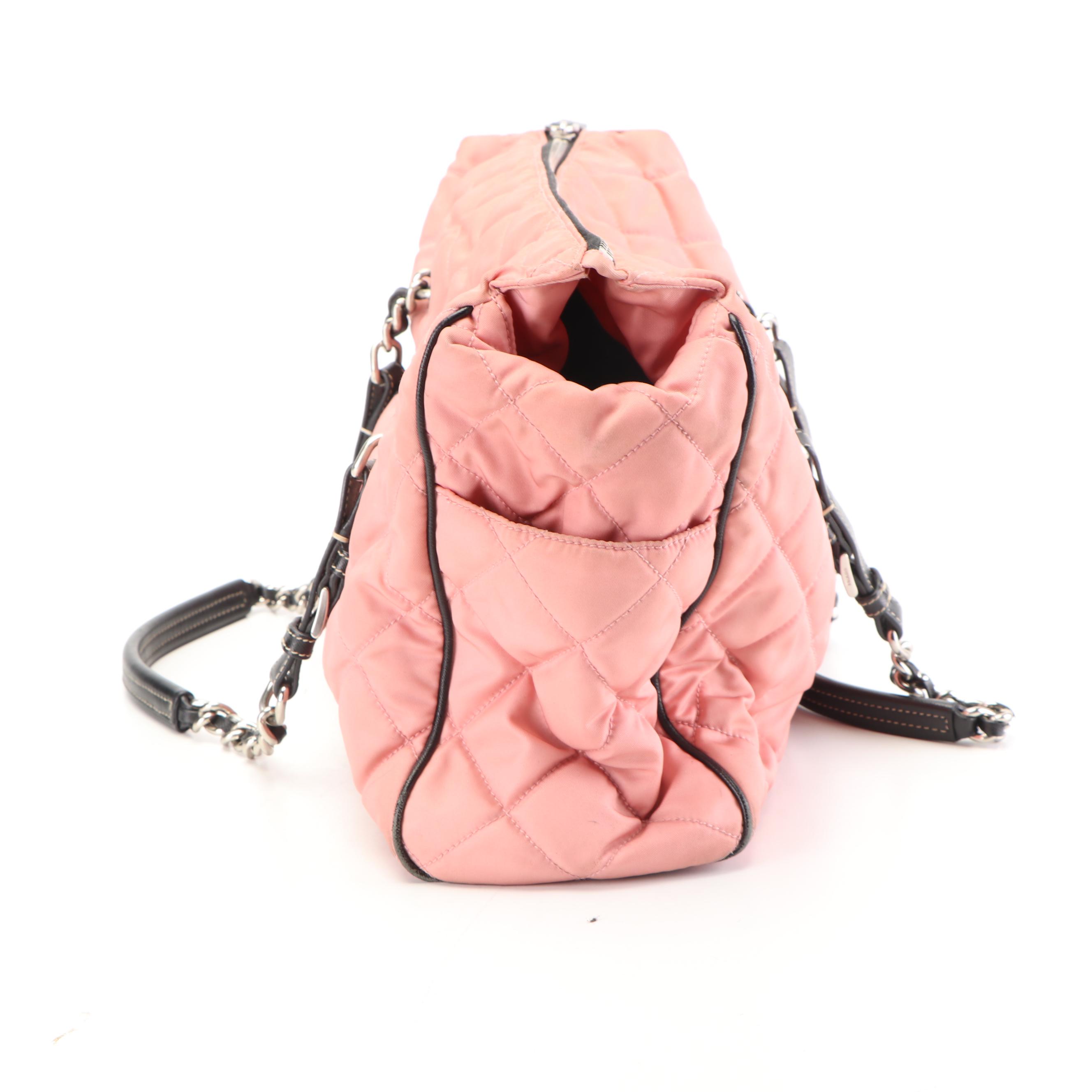 Prada Pink Quilted Nylon and Black Saffiano Leather Shopping Tote