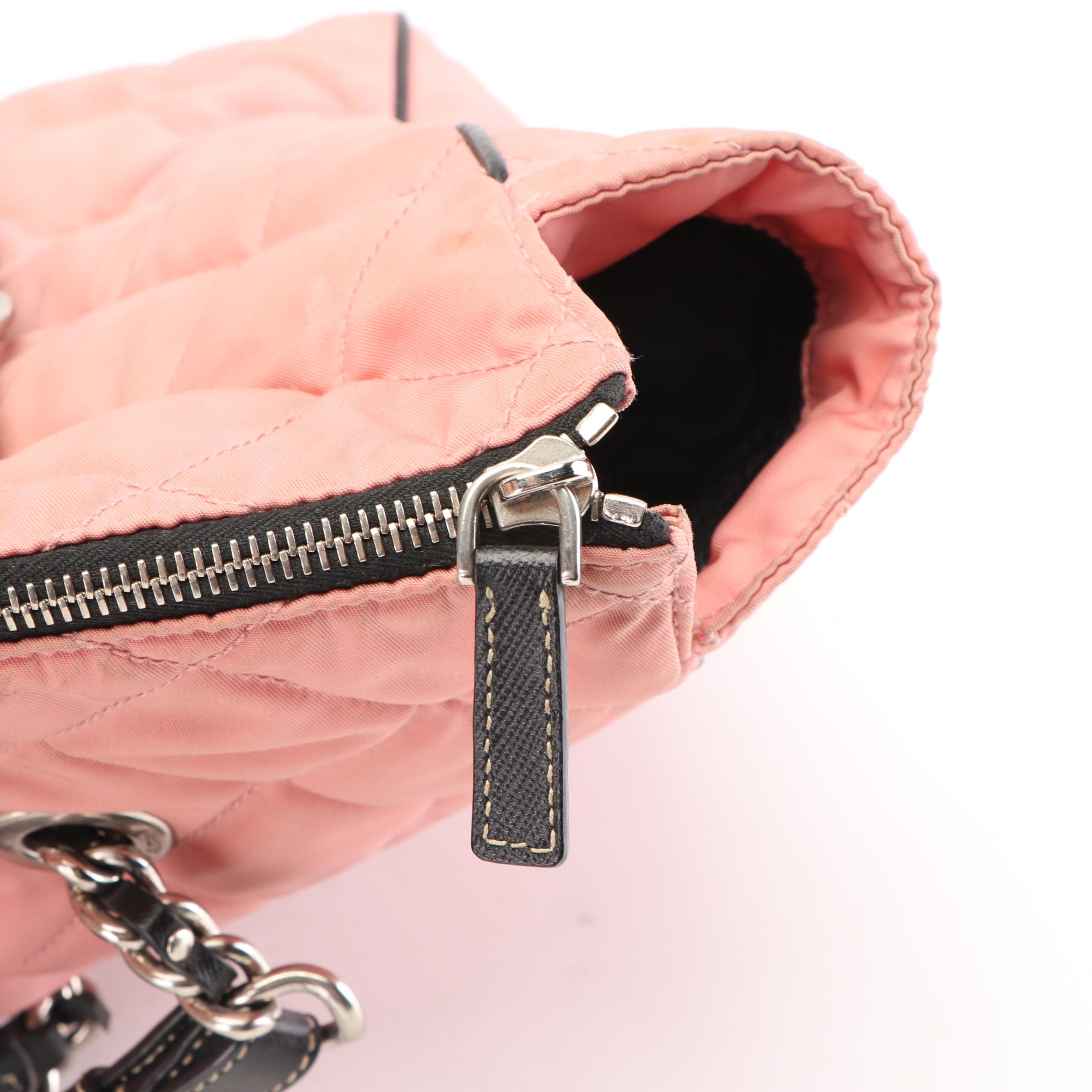 Prada Pink Quilted Nylon and Black Saffiano Leather Shopping Tote