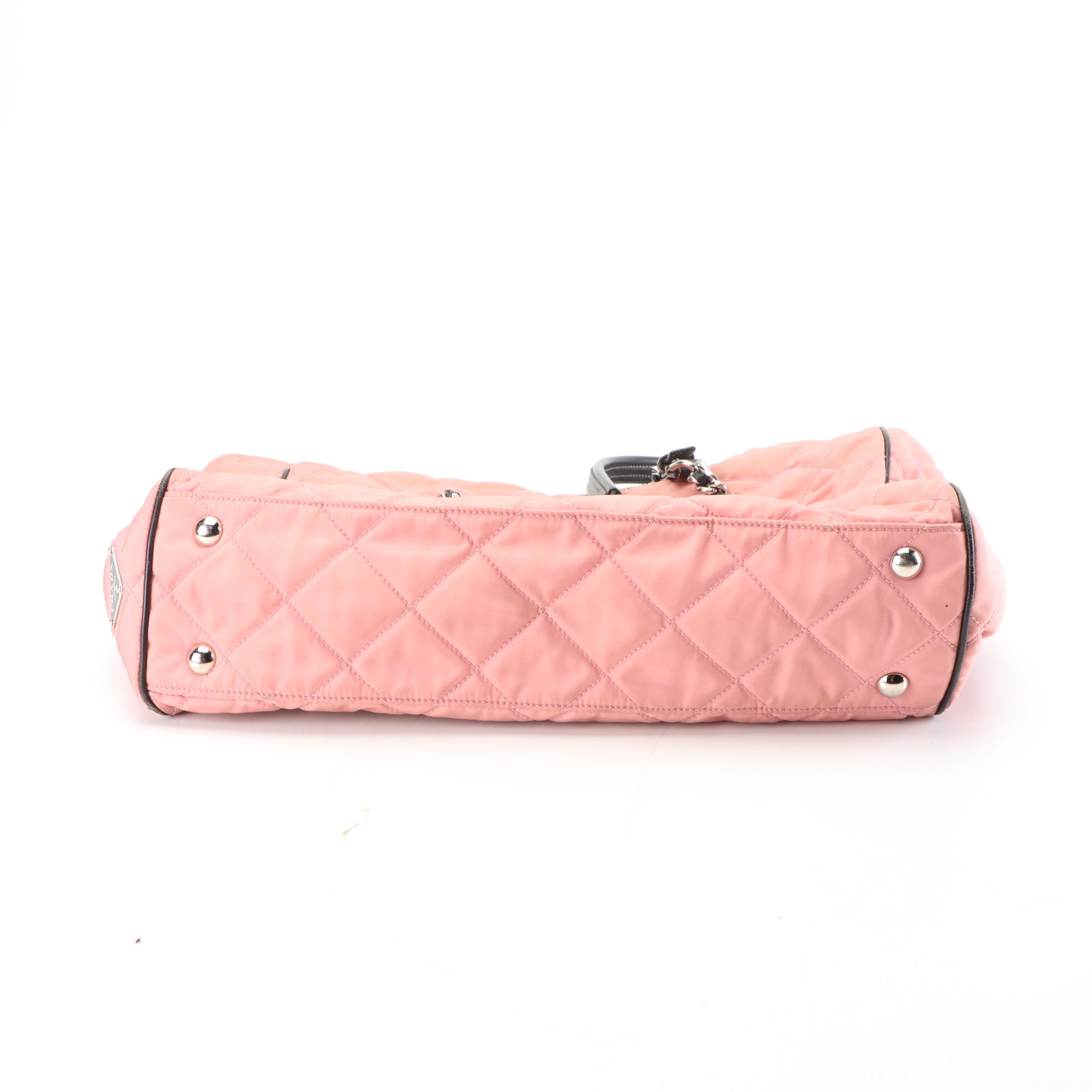Prada Pink Quilted Nylon and Black Saffiano Leather Shopping Tote