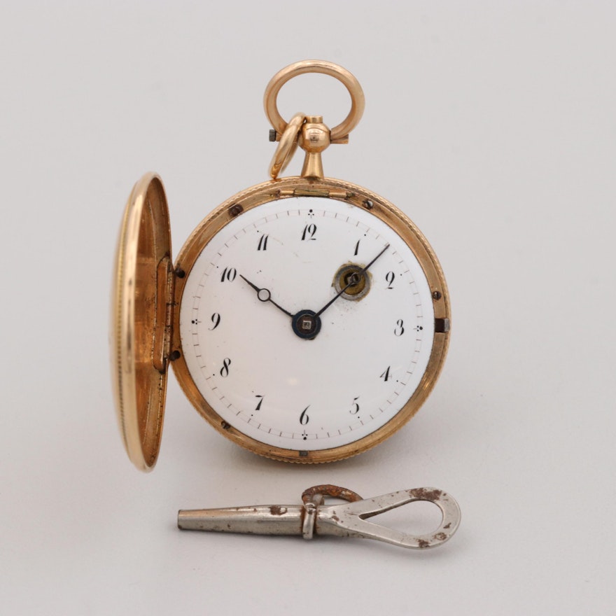 Antique 18K Yellow Gold Pocket Watch With 14K Yellow Gold Bale