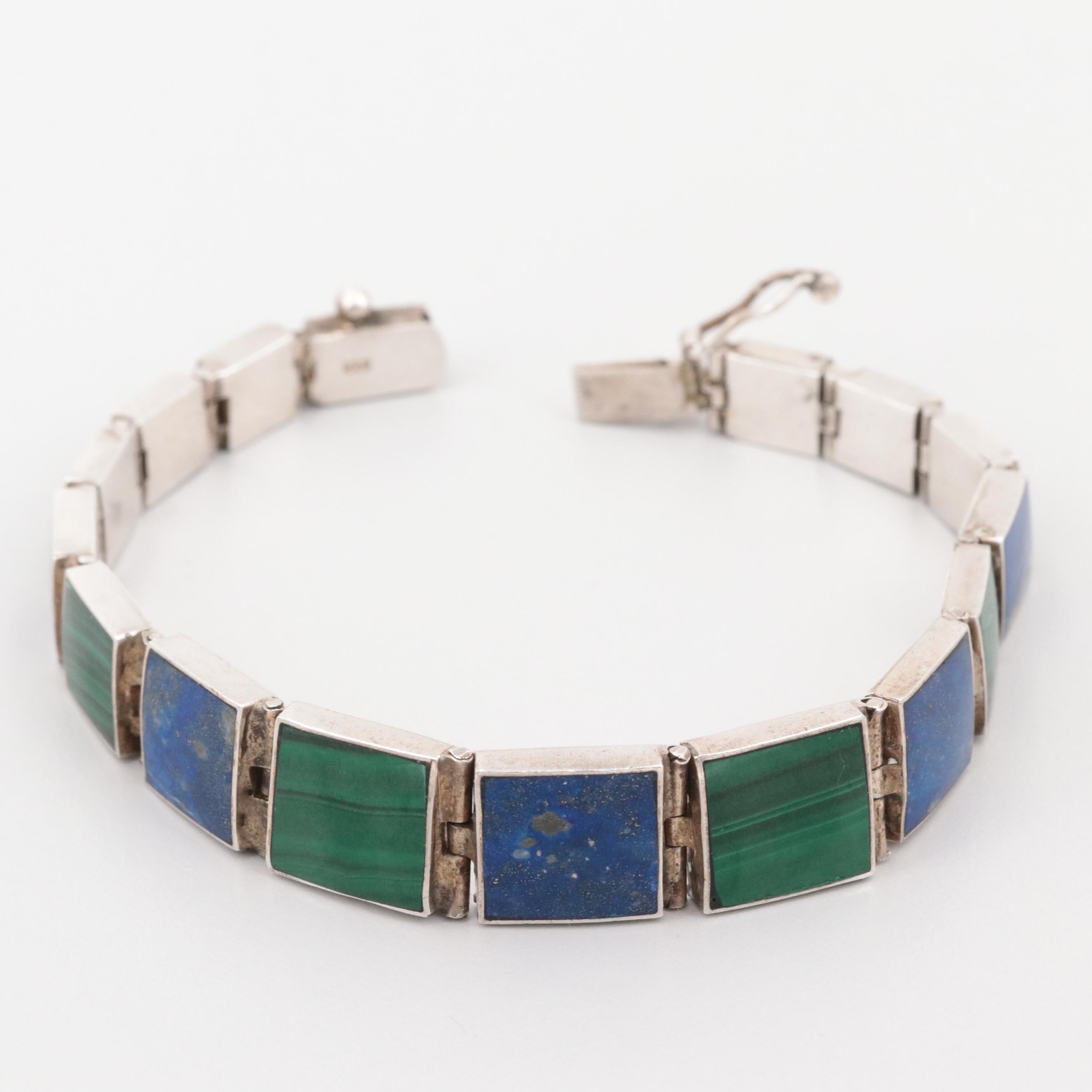 Sterling Silver Graduated Lapis Lazuli Malachite Bracelet