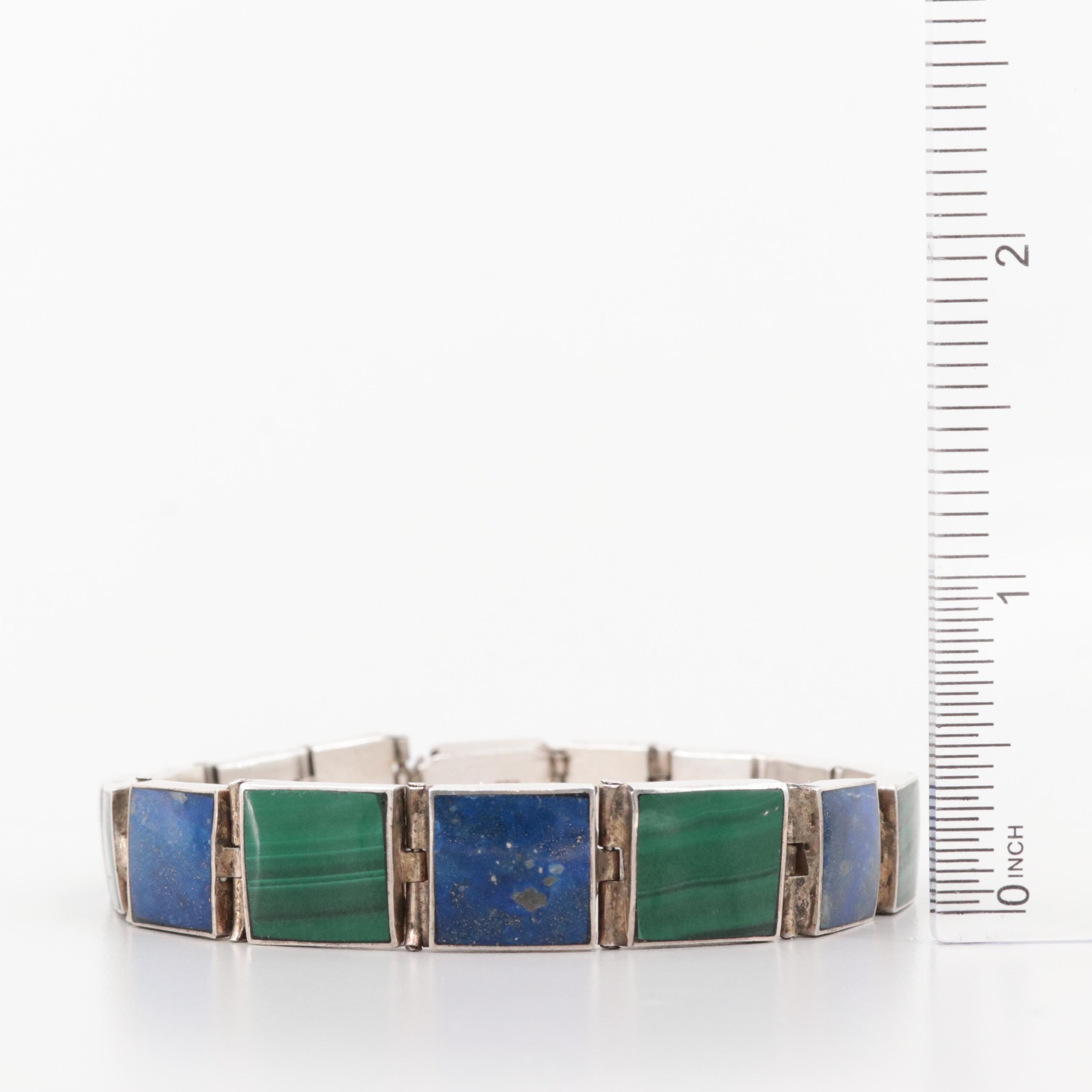 Sterling Silver Graduated Lapis Lazuli Malachite Bracelet