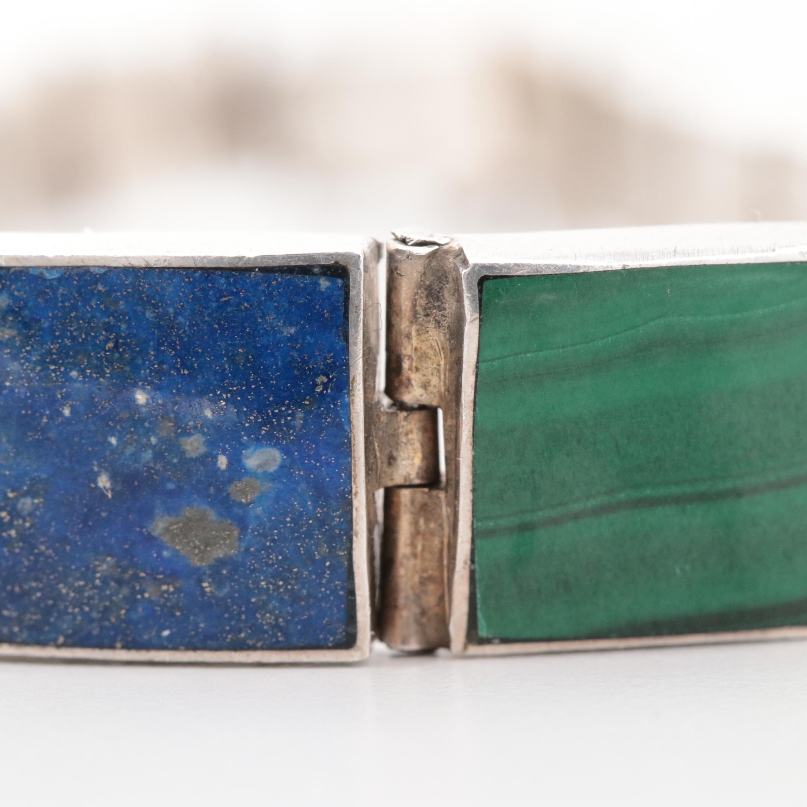 Sterling Silver Graduated Lapis Lazuli Malachite Bracelet