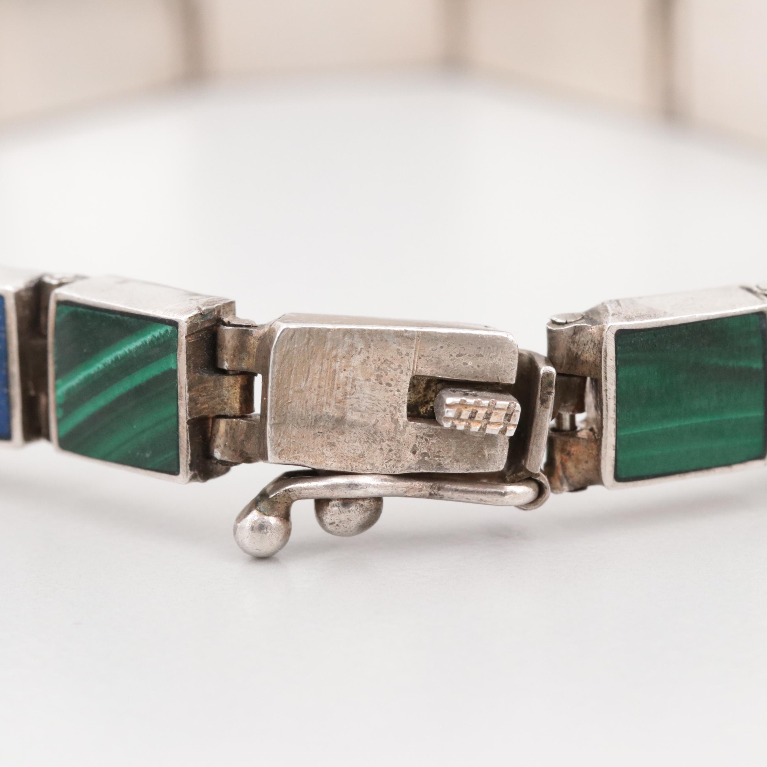 Sterling Silver Graduated Lapis Lazuli Malachite Bracelet