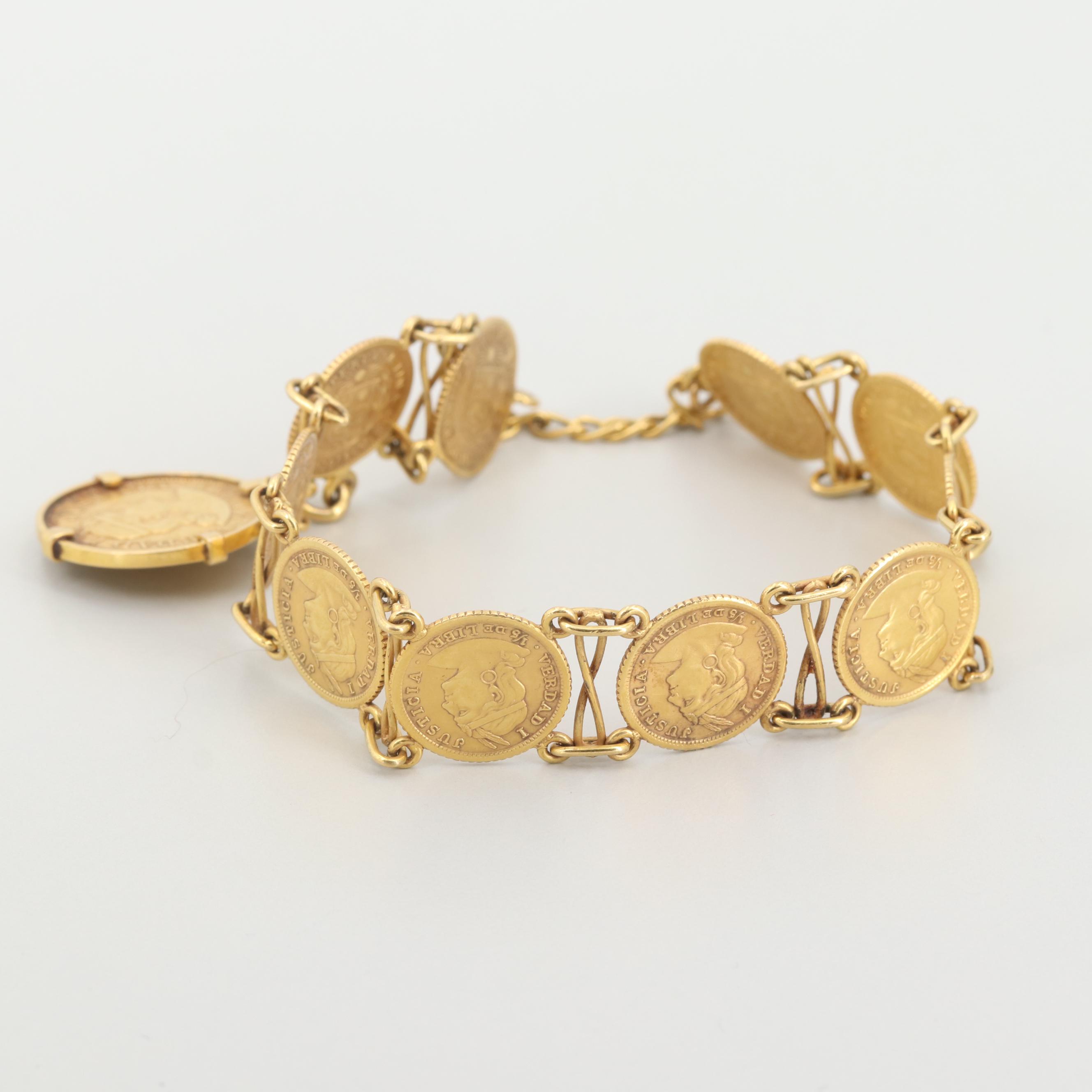 14K and 18K Gold Bracelet with 91.7% Gold Peruvian Libra Trade Coins