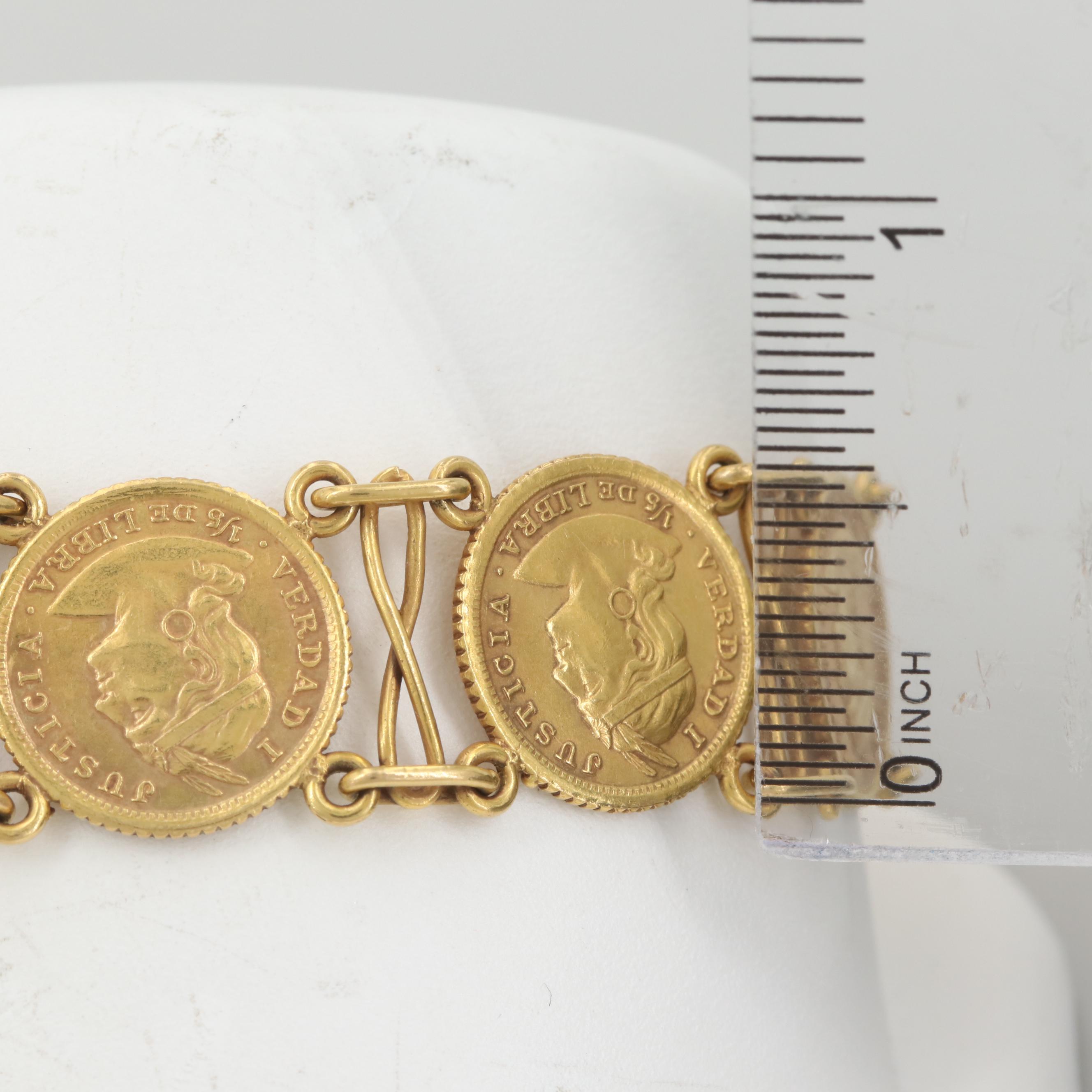 14K and 18K Gold Bracelet with 91.7% Gold Peruvian Libra Trade Coins