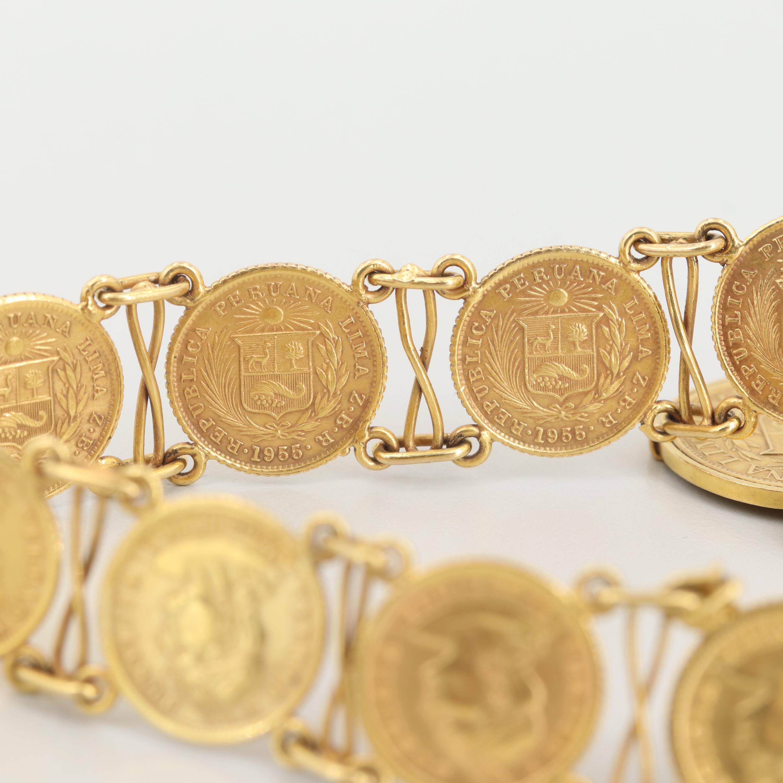 14K and 18K Gold Bracelet with 91.7% Gold Peruvian Libra Trade Coins