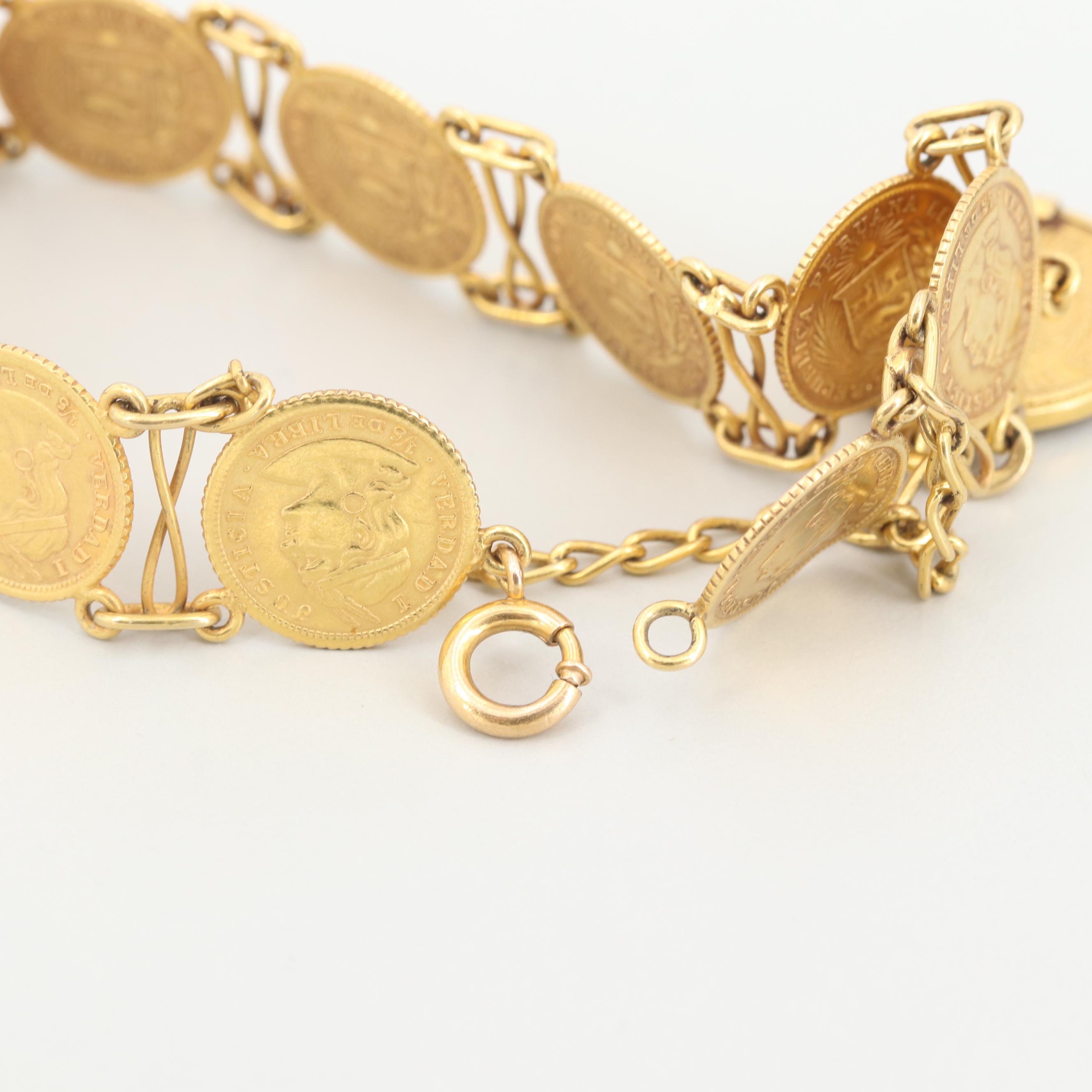 14K and 18K Gold Bracelet with 91.7% Gold Peruvian Libra Trade Coins