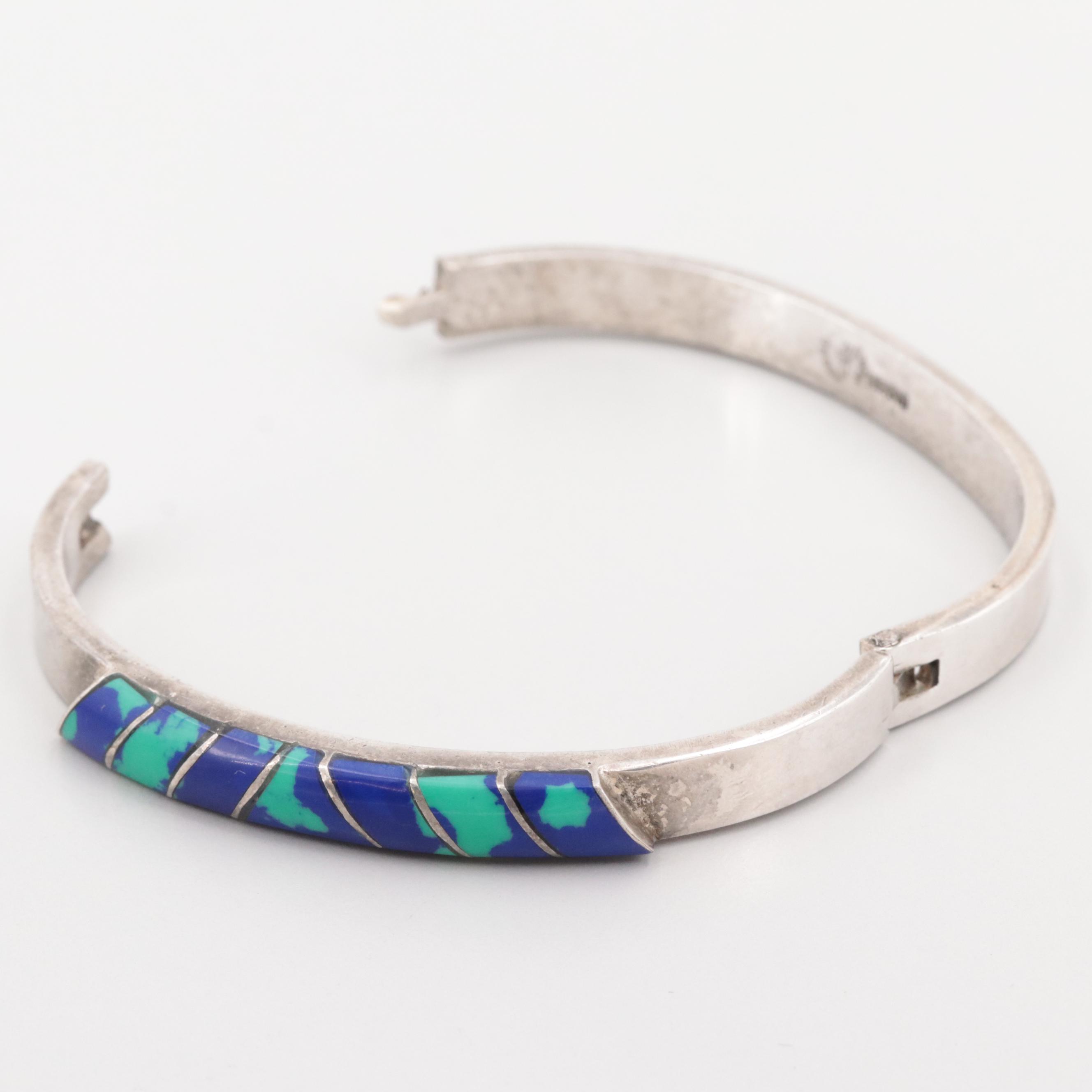 Taxco Mexican Silver Tone Imitation Azurmalachite Hinged Bangle Bracelet