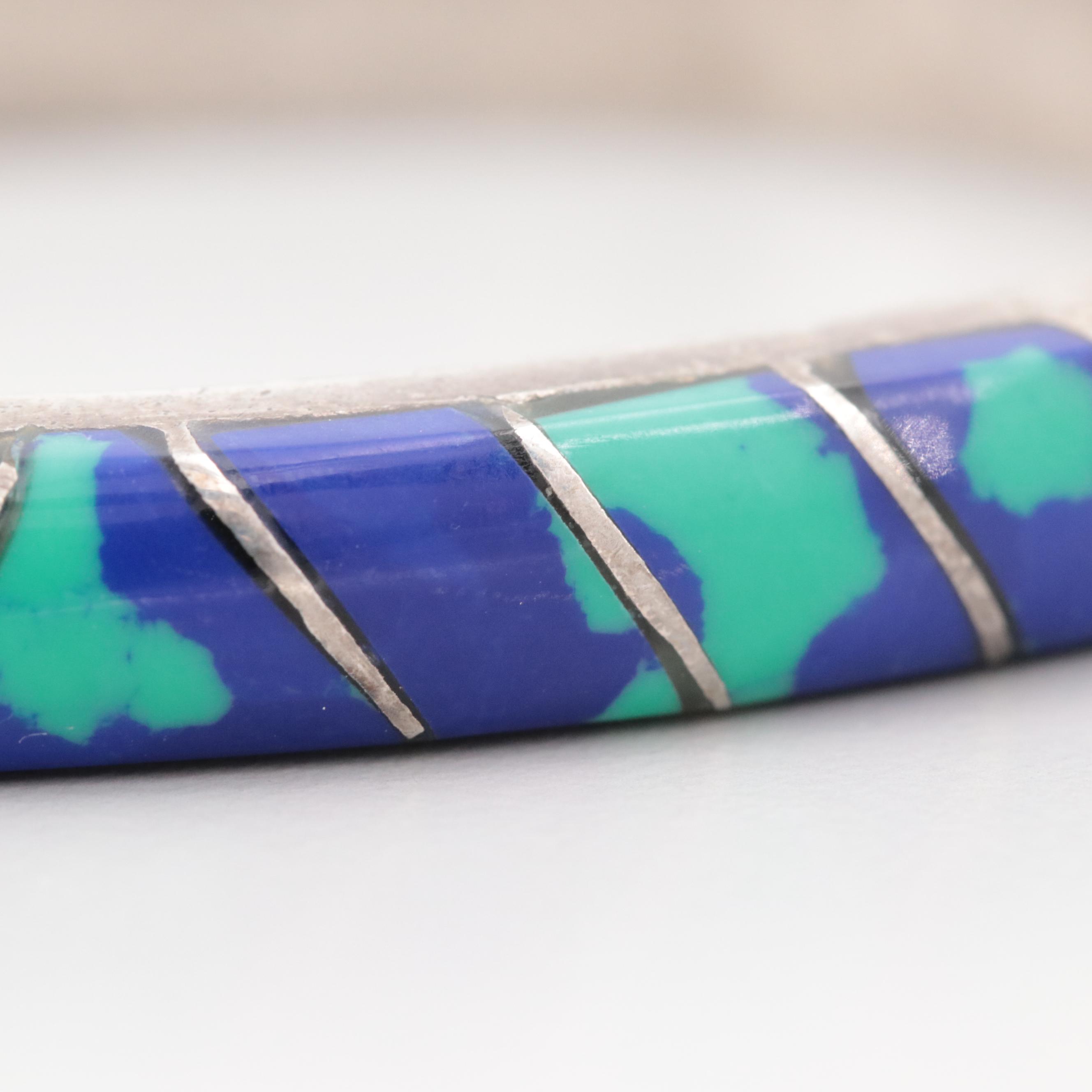 Taxco Mexican Silver Tone Imitation Azurmalachite Hinged Bangle Bracelet