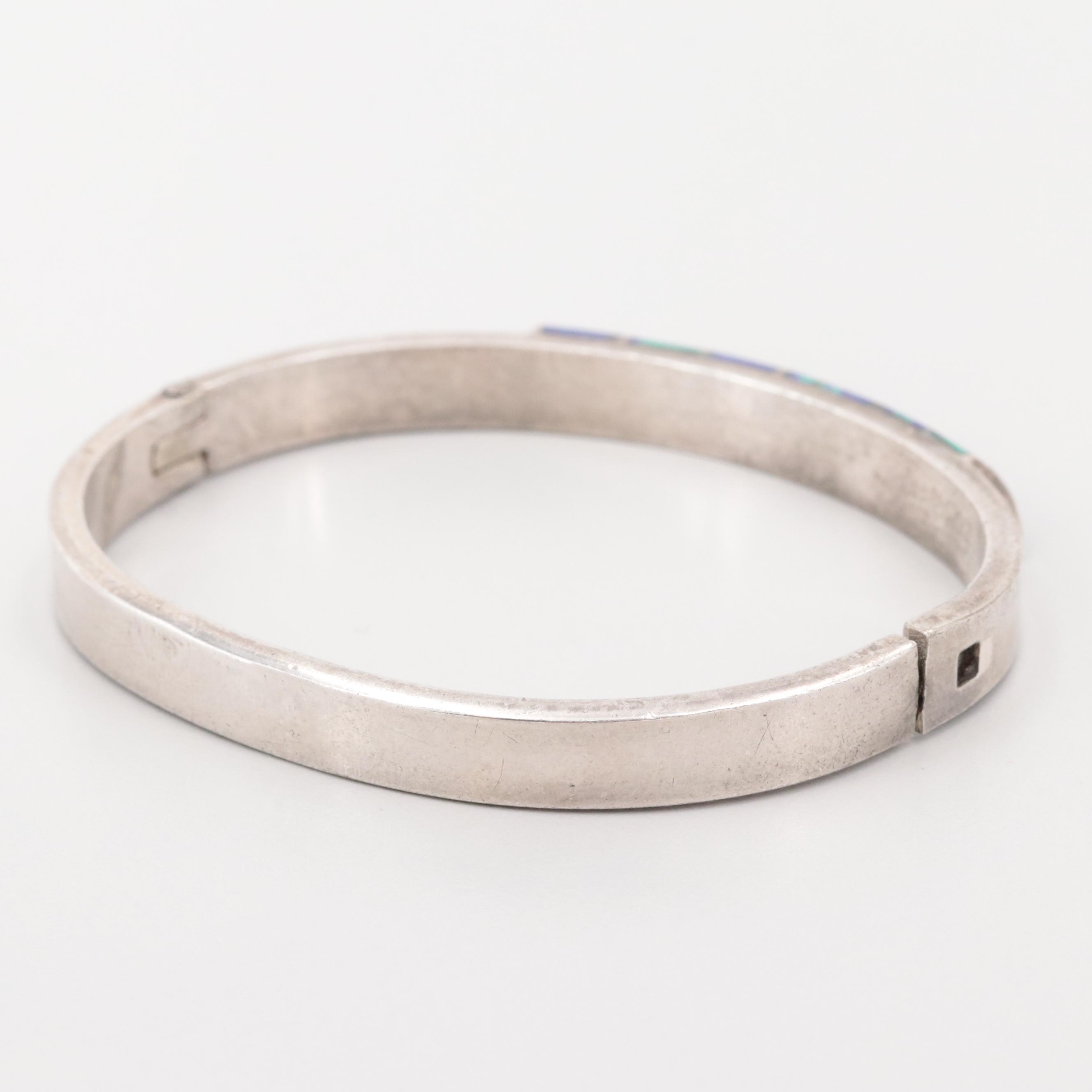 Taxco Mexican Silver Tone Imitation Azurmalachite Hinged Bangle Bracelet