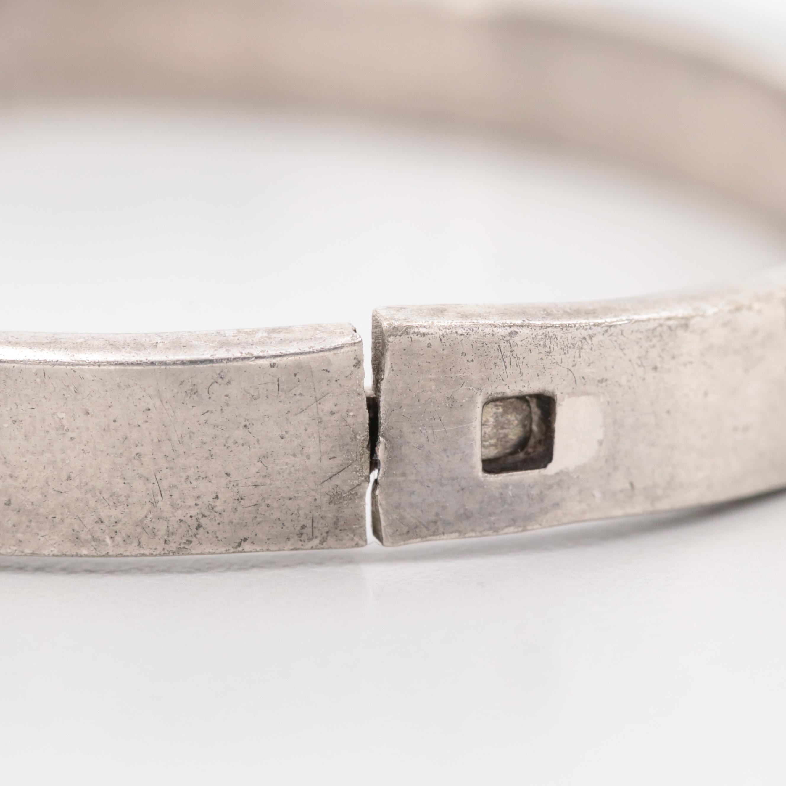 Taxco Mexican Silver Tone Imitation Azurmalachite Hinged Bangle Bracelet