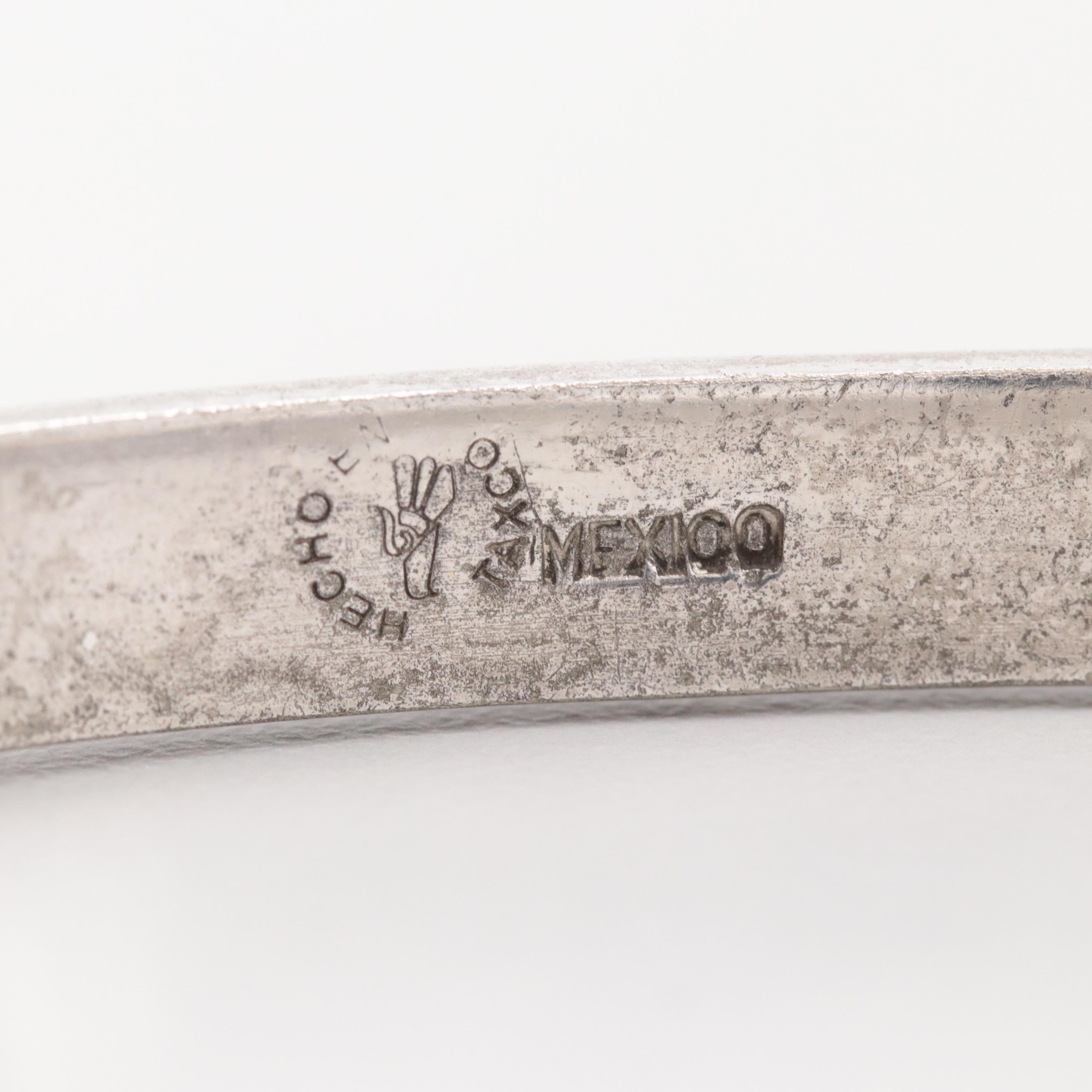 Taxco Mexican Silver Tone Imitation Azurmalachite Hinged Bangle Bracelet