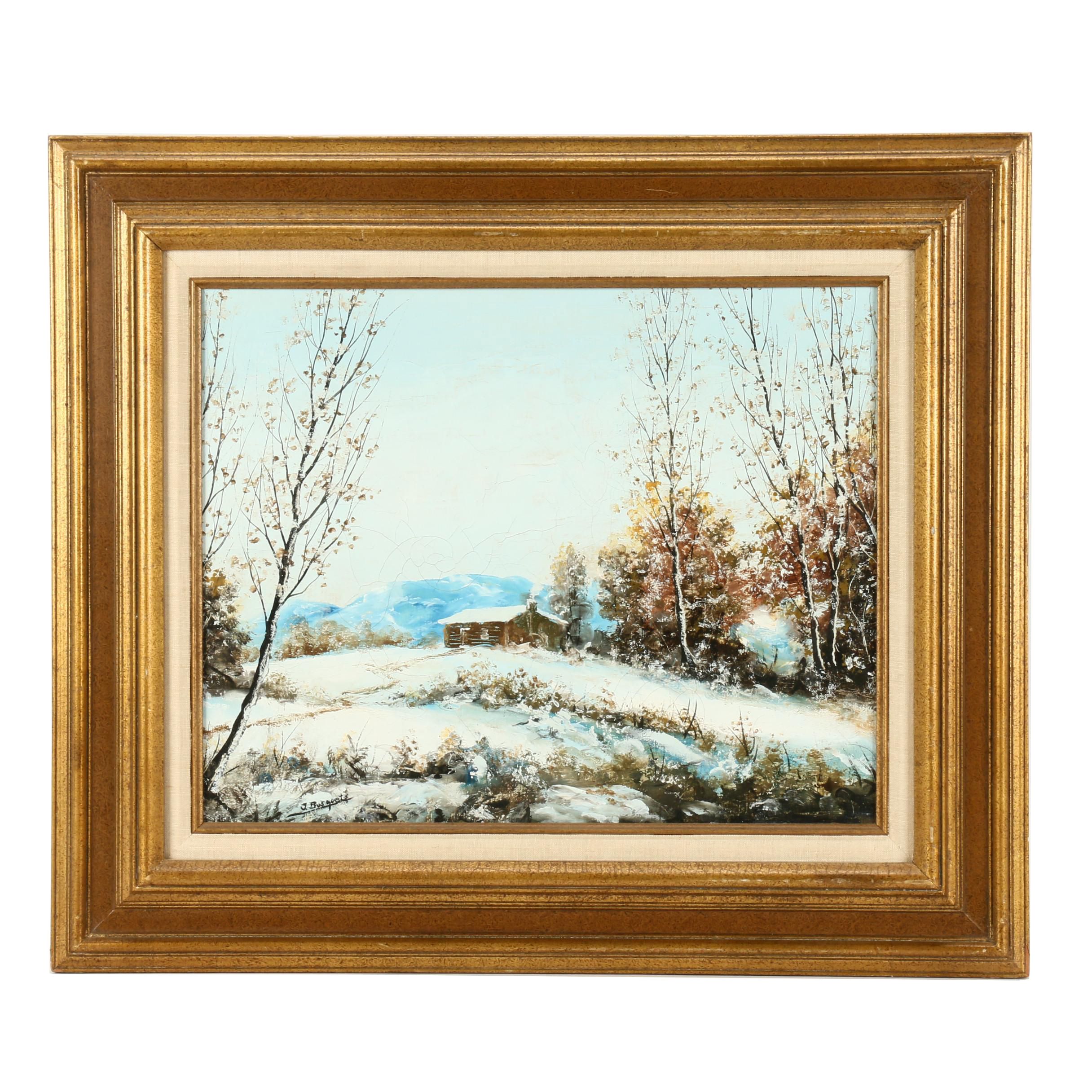 J. Busquets Oil Painting of Cabin in Winter Landscape