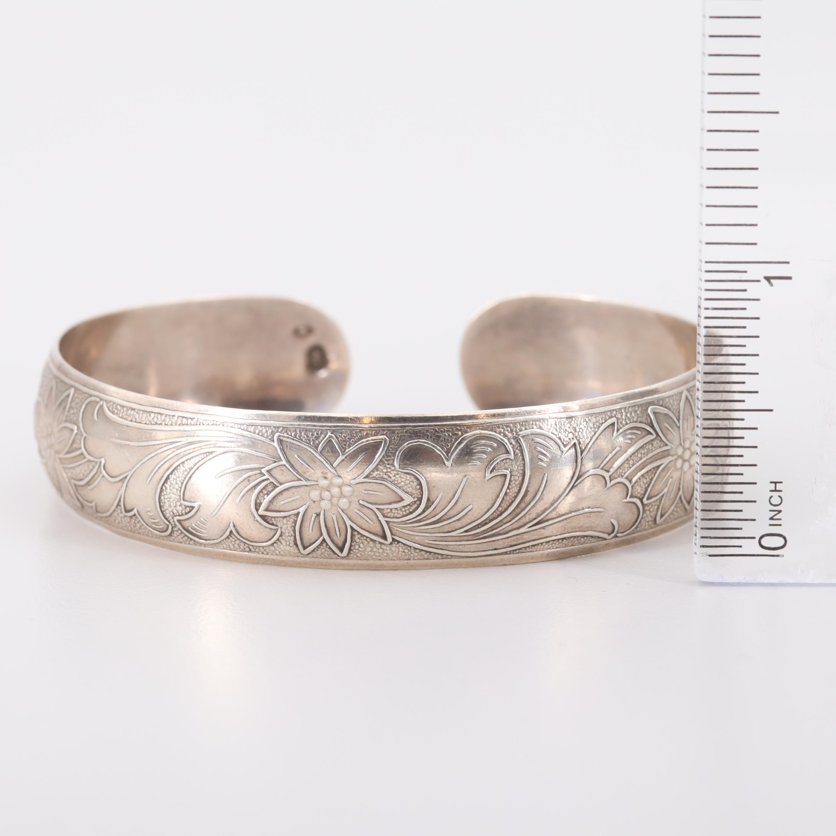 Polish 800 Silver Floral Motif Cuff Bracelet
