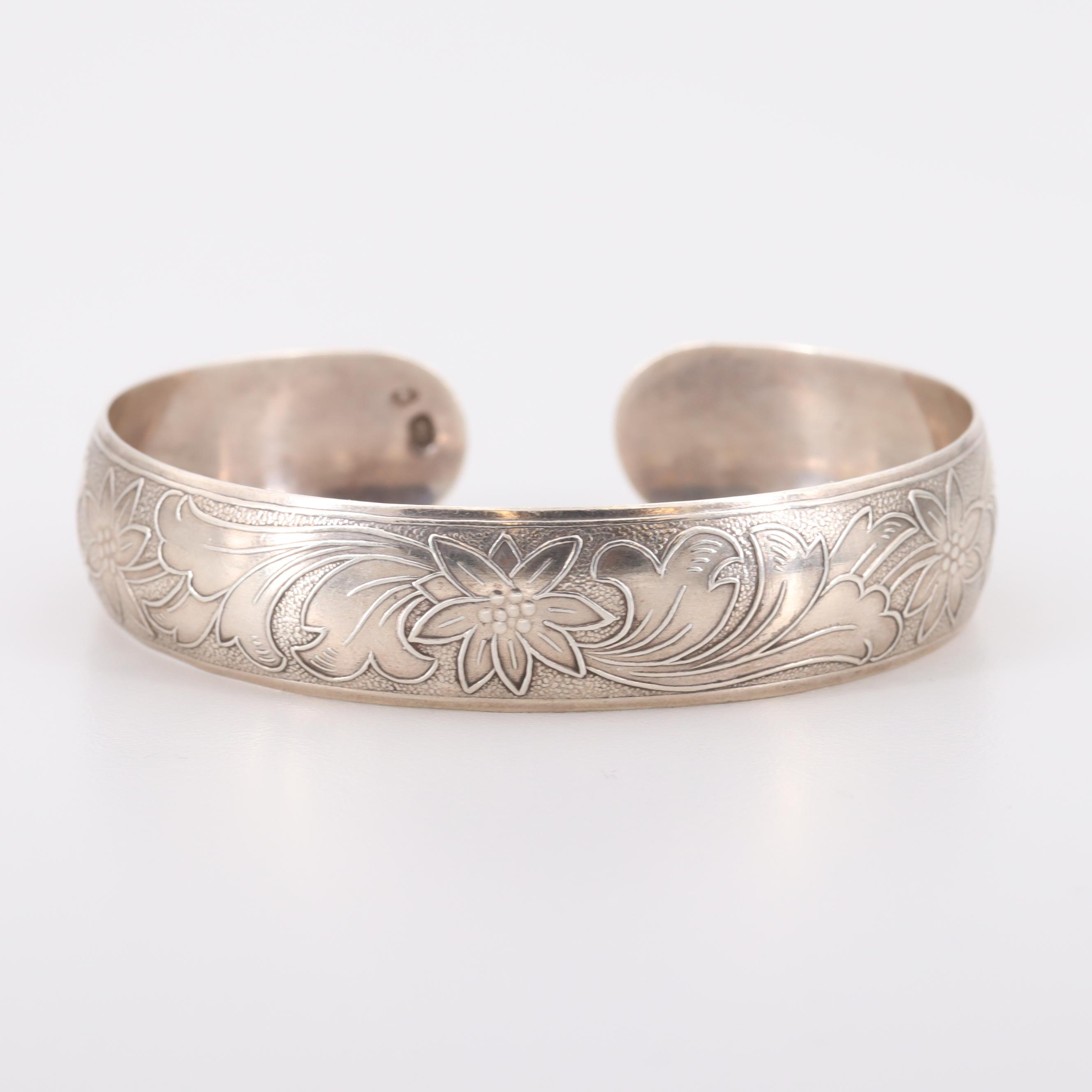Polish 800 Silver Floral Motif Cuff Bracelet