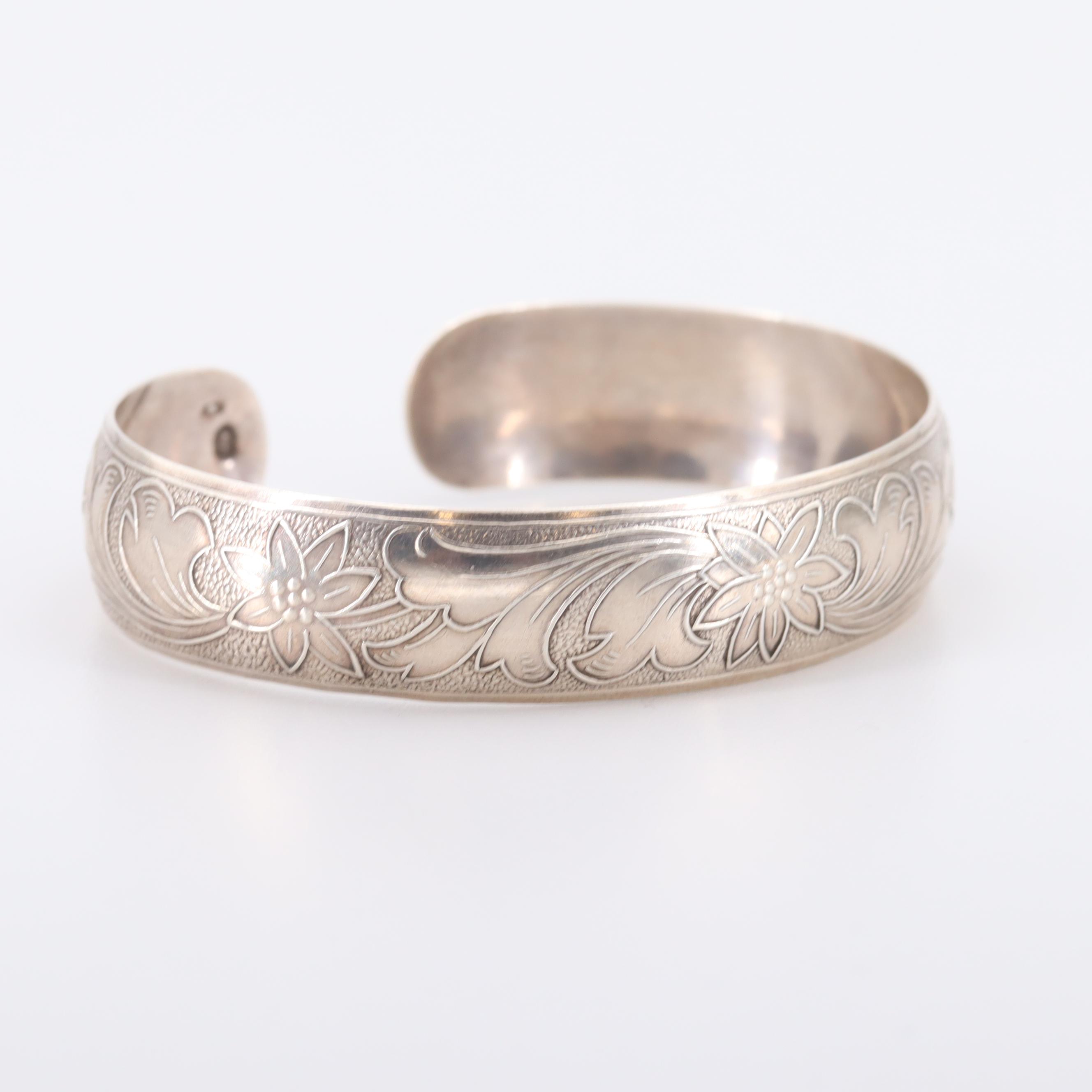 Polish 800 Silver Floral Motif Cuff Bracelet