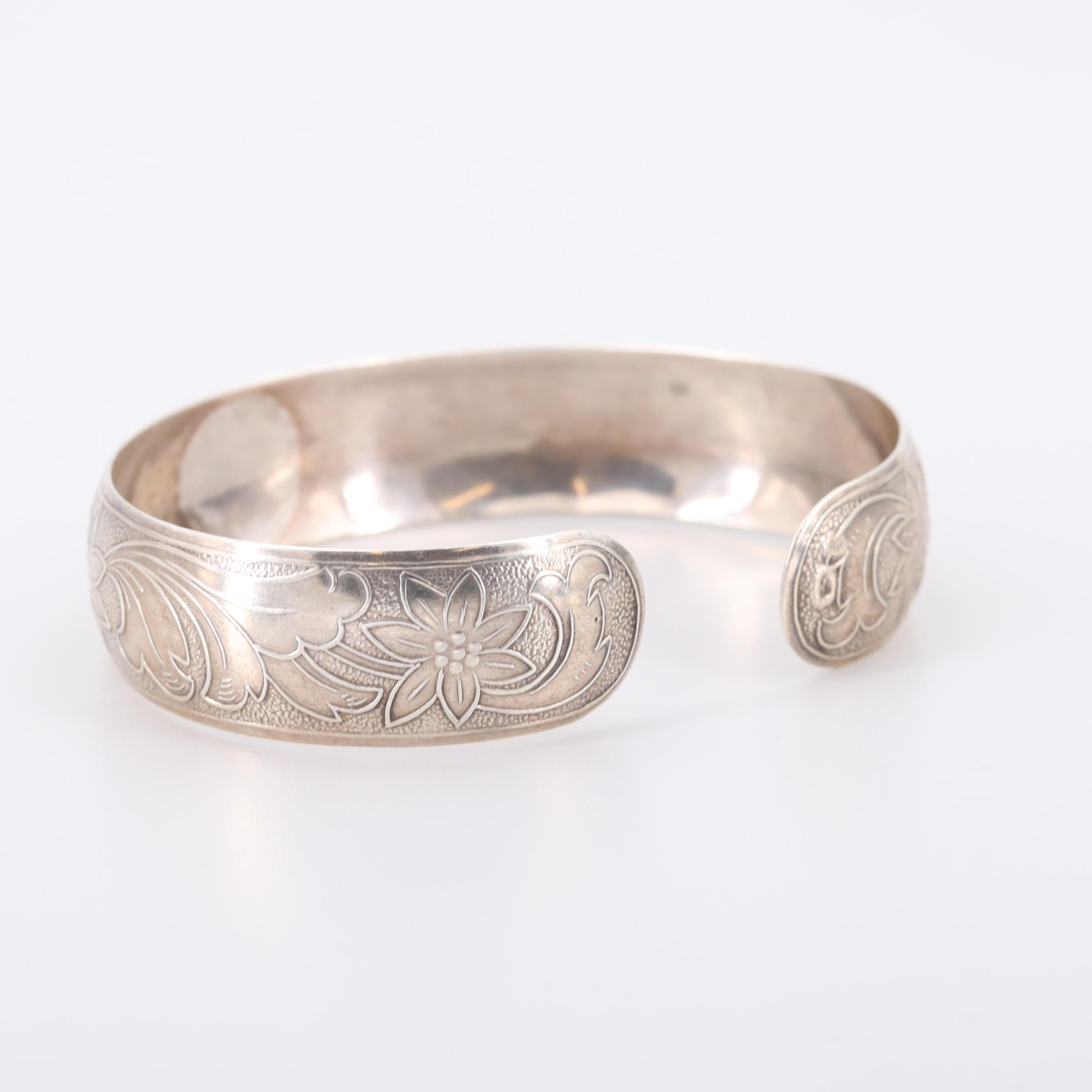 Polish 800 Silver Floral Motif Cuff Bracelet