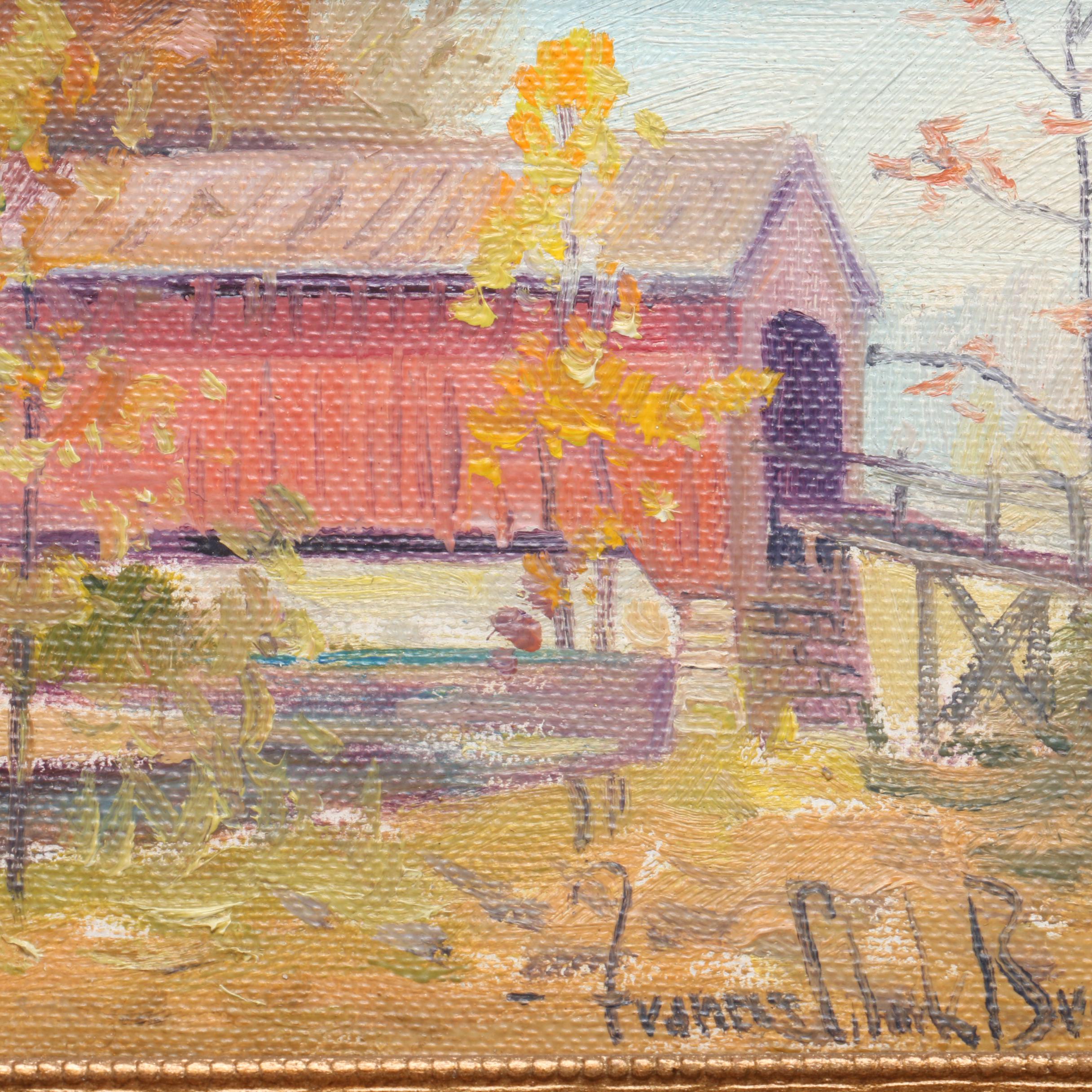 Frances Clark Brown Miniature Oil Painting of Covered Bridge