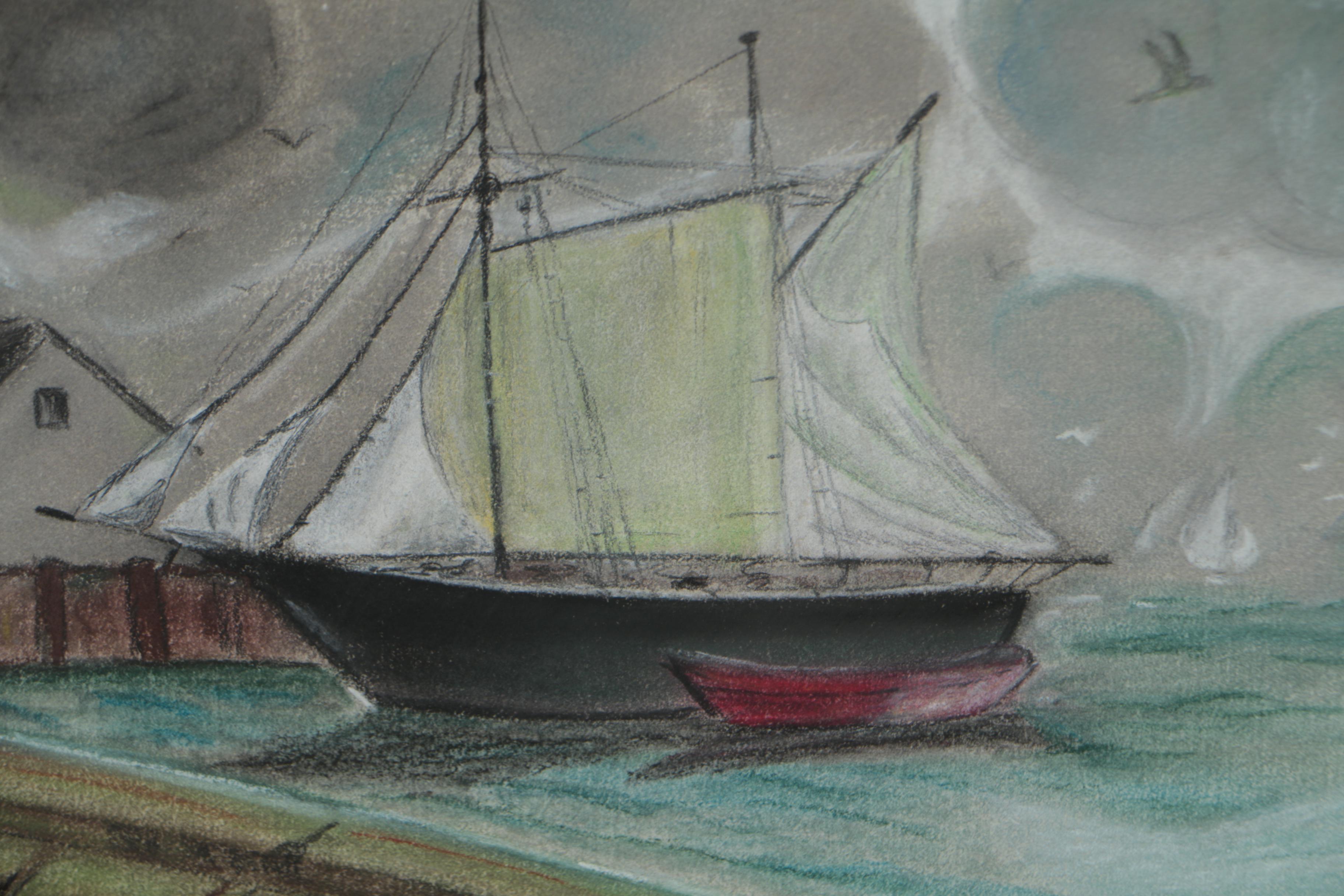 Late 20th Century Pastel Drawing of a Harbor Scene