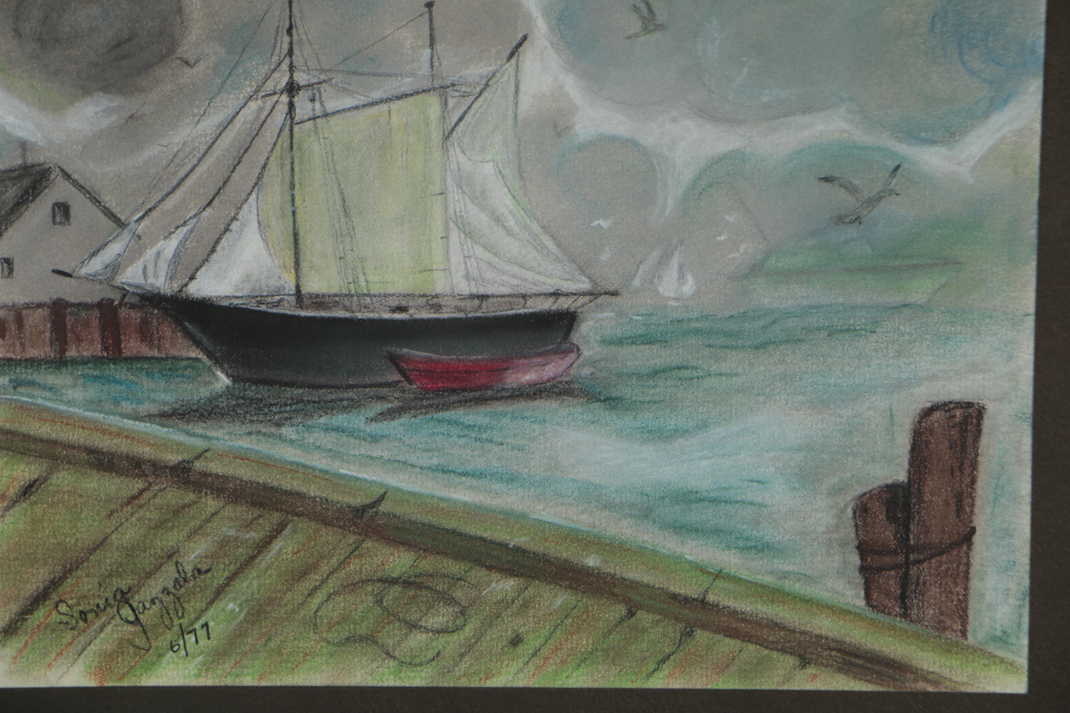 Late 20th Century Pastel Drawing of a Harbor Scene