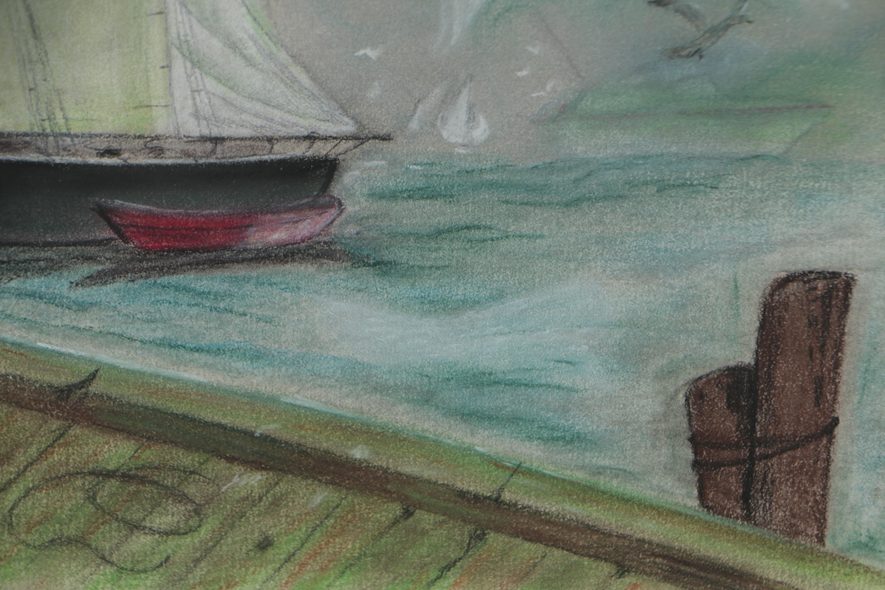 Late 20th Century Pastel Drawing of a Harbor Scene