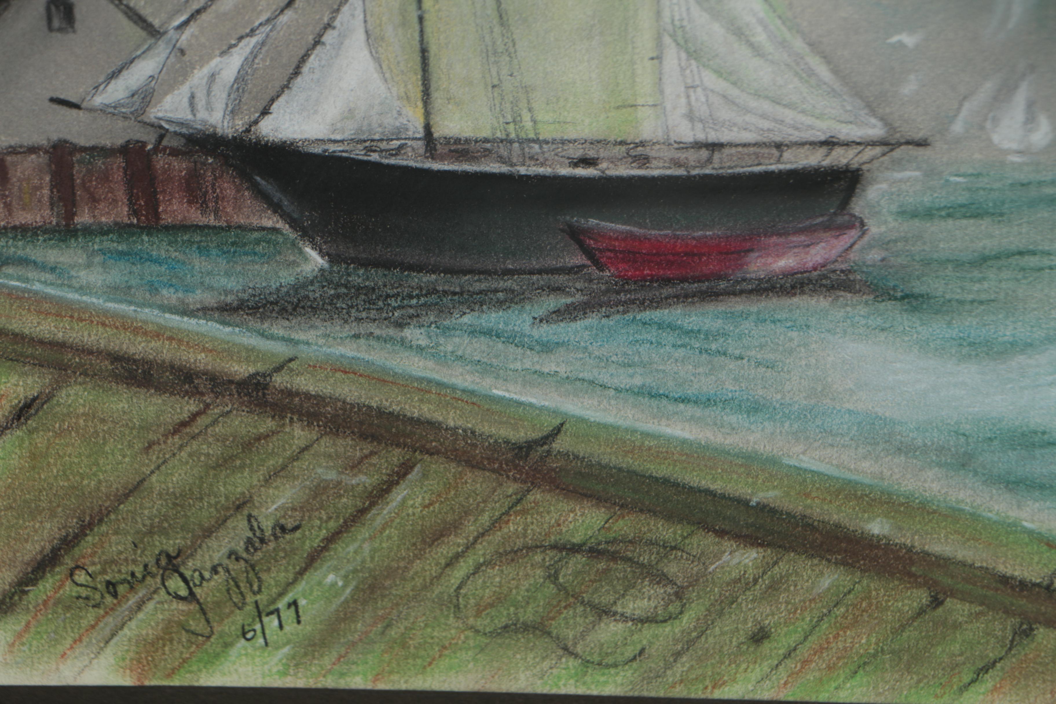 Late 20th Century Pastel Drawing of a Harbor Scene