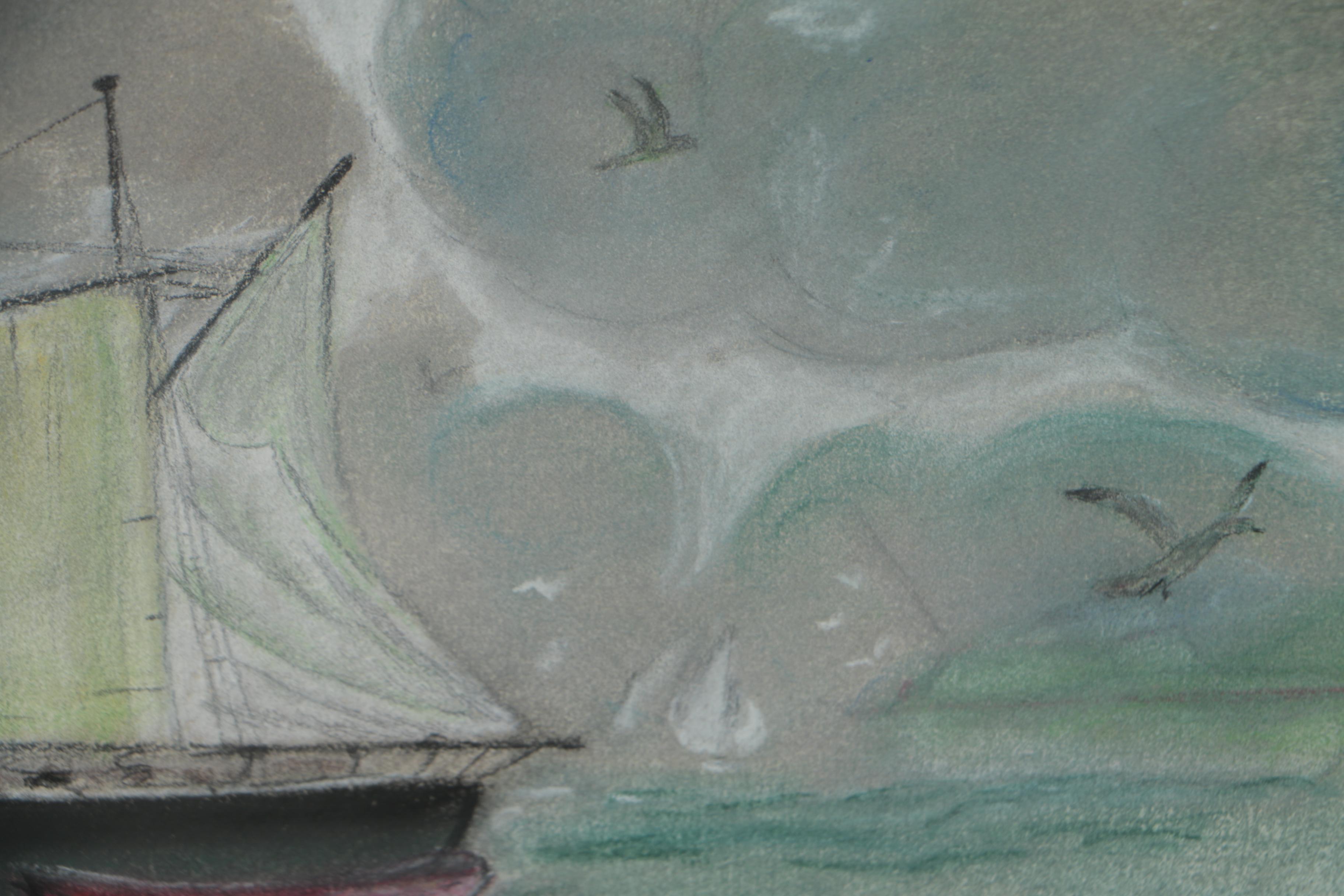 Late 20th Century Pastel Drawing of a Harbor Scene