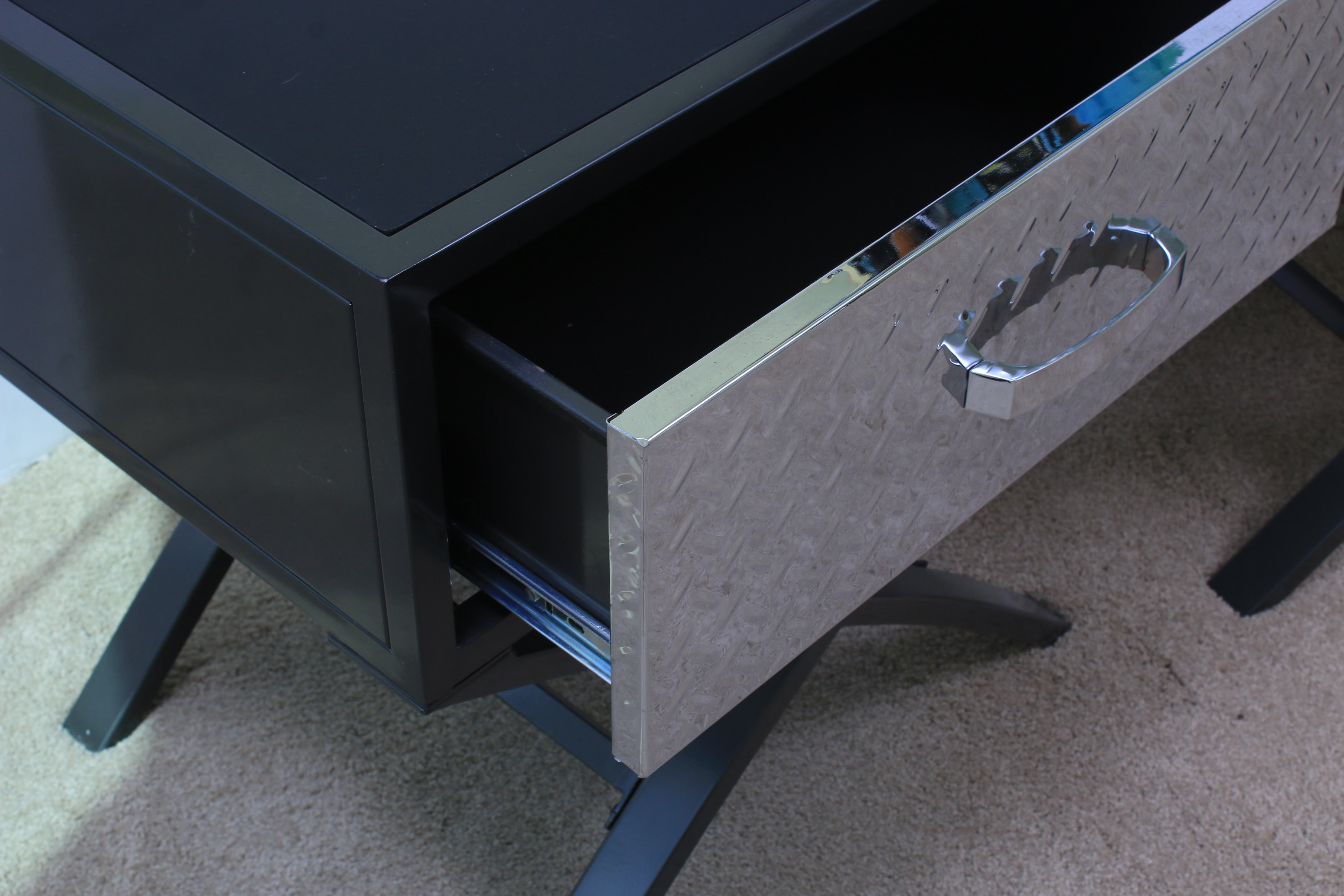 Pair of Contemporary Chrome and Black Metal Nightstands