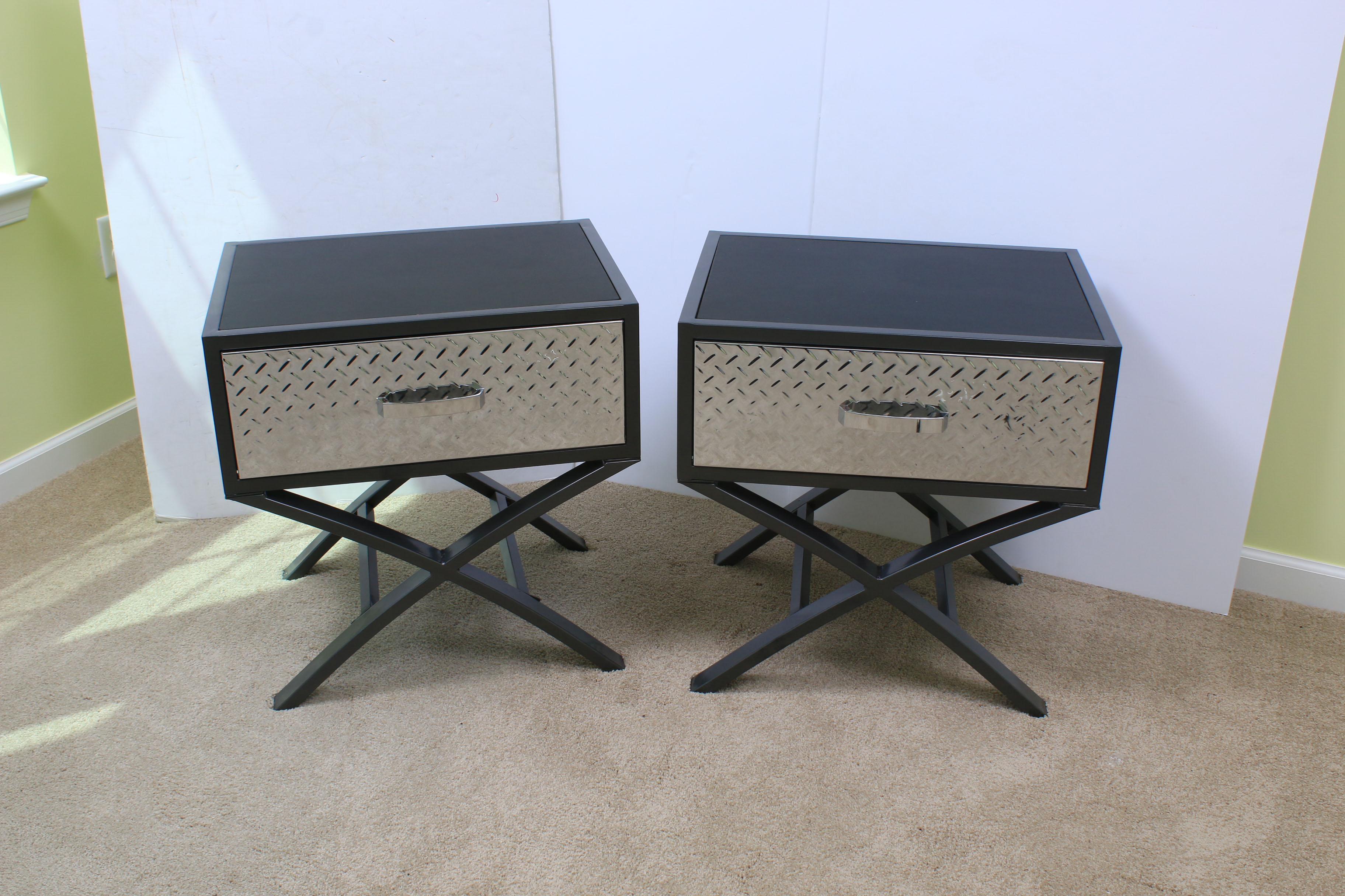 Pair of Contemporary Chrome and Black Metal Nightstands