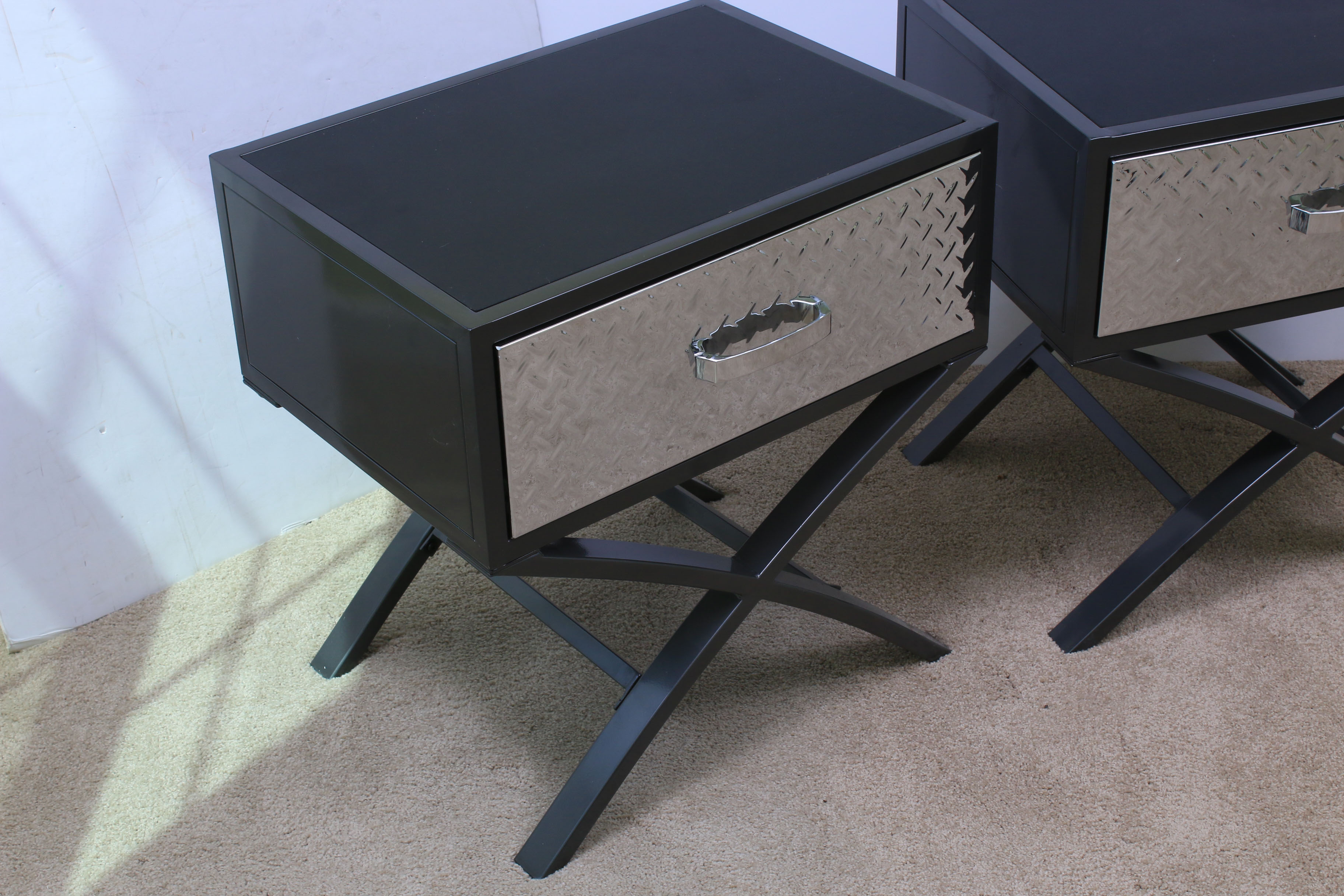 Pair of Contemporary Chrome and Black Metal Nightstands