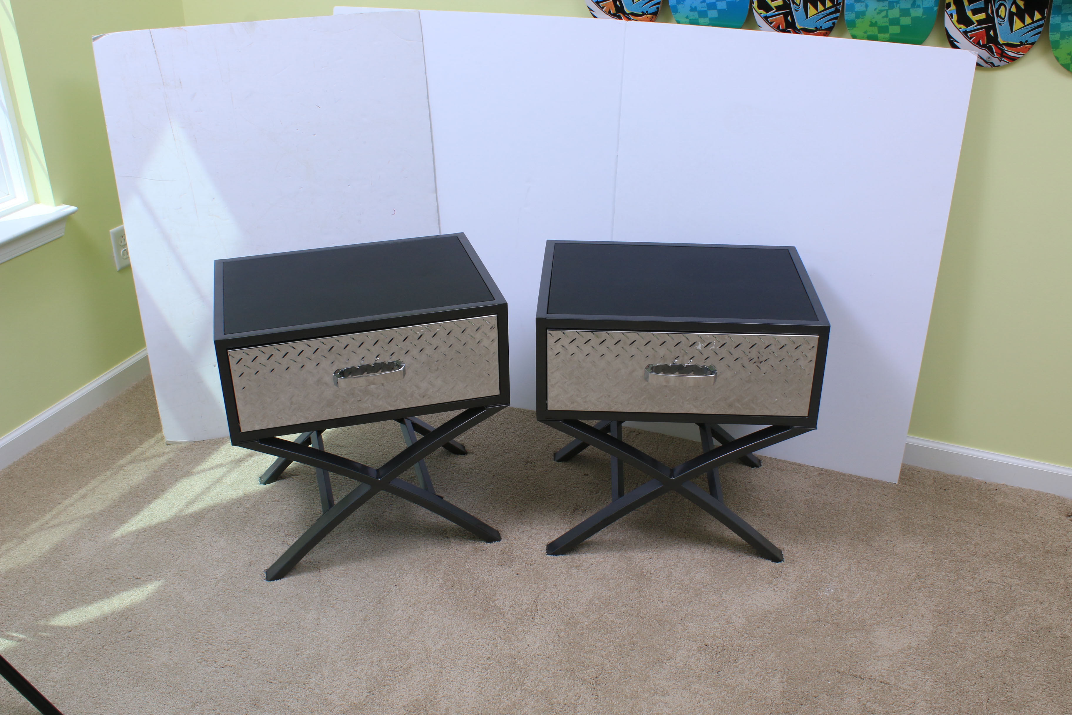 Pair of Contemporary Chrome and Black Metal Nightstands