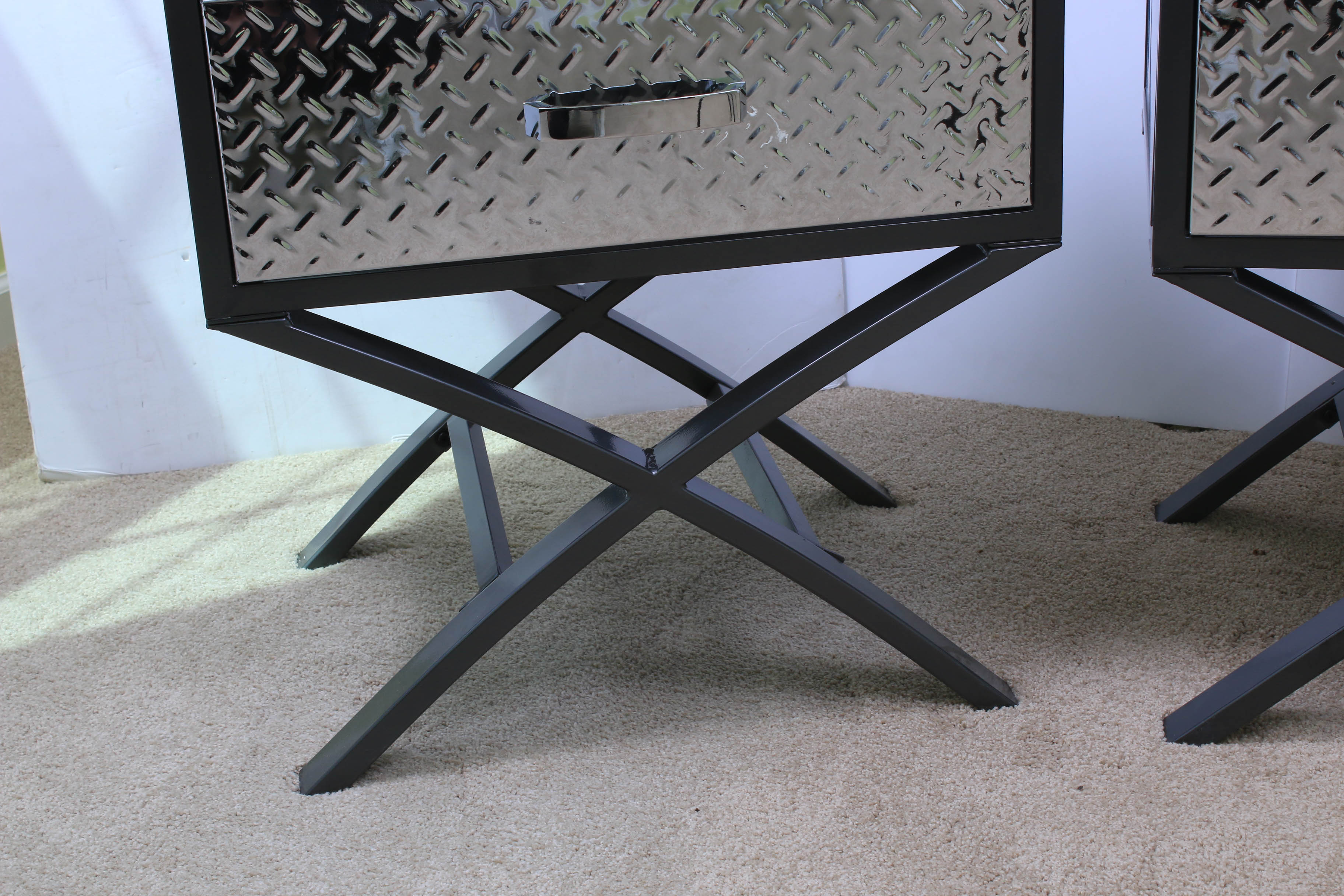 Pair of Contemporary Chrome and Black Metal Nightstands