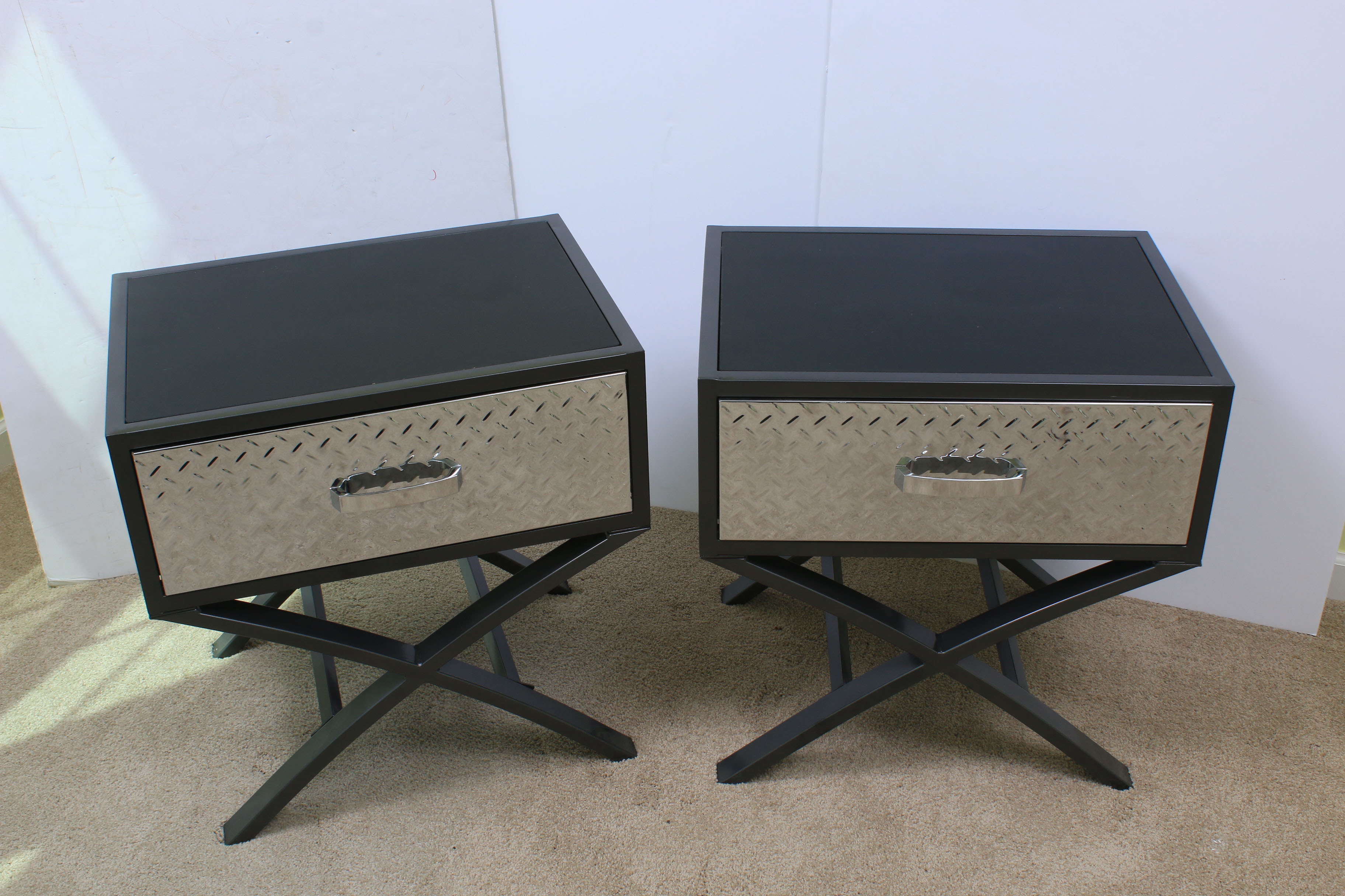 Pair of Contemporary Chrome and Black Metal Nightstands