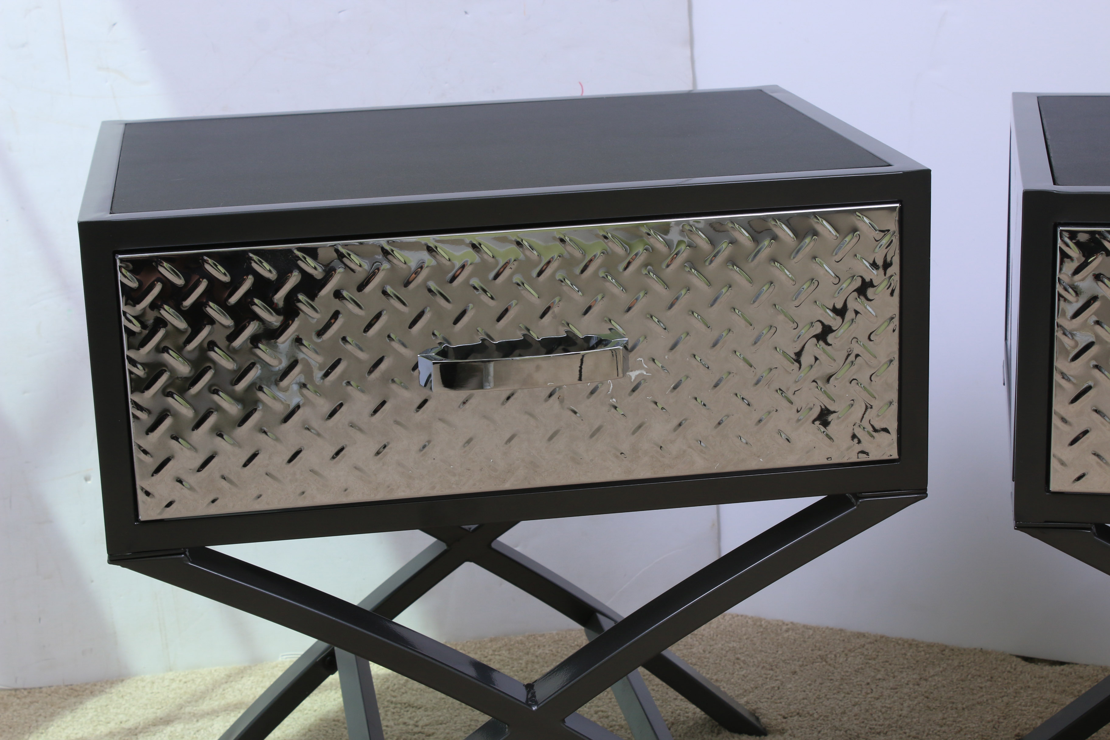 Pair of Contemporary Chrome and Black Metal Nightstands