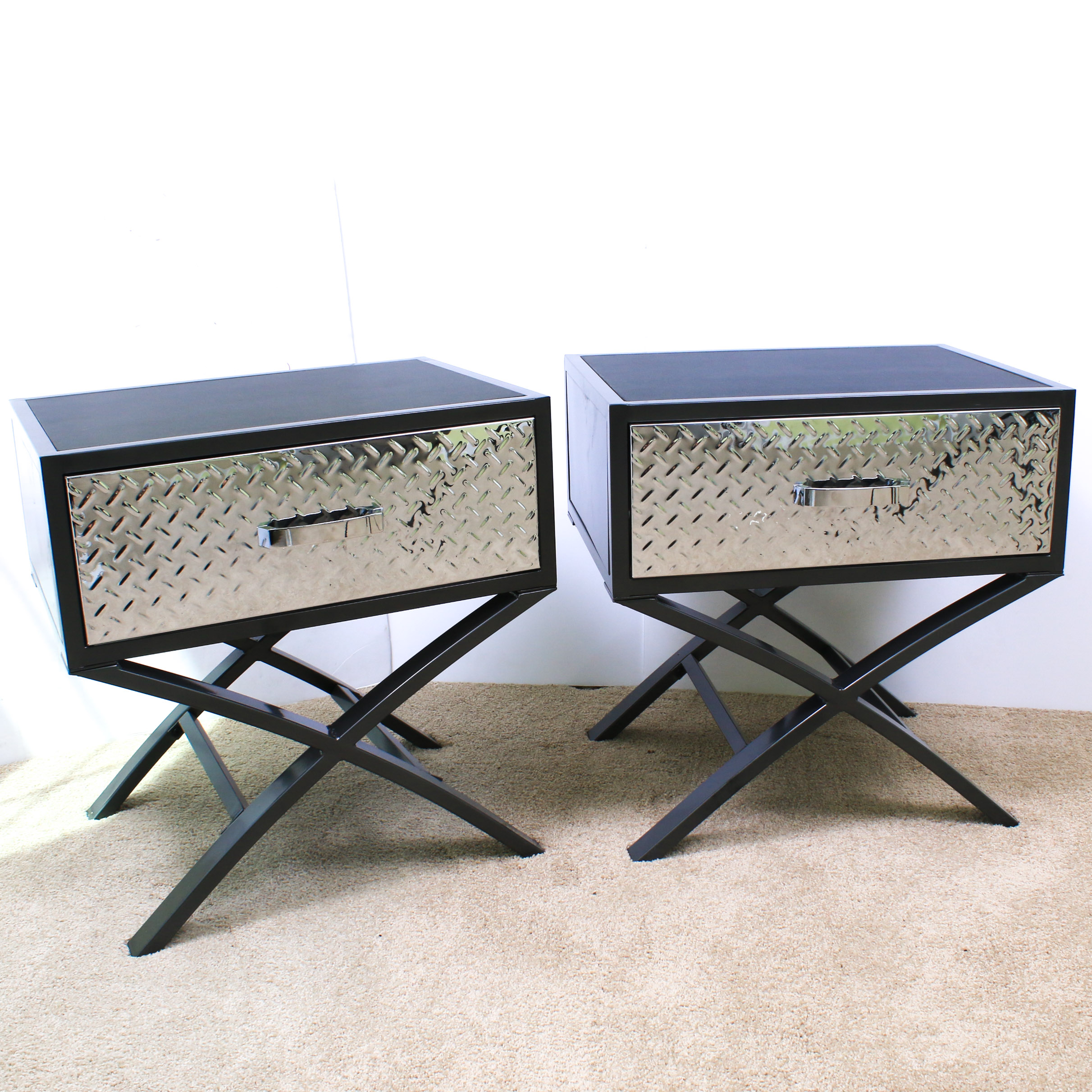 Pair of Contemporary Chrome and Black Metal Nightstands
