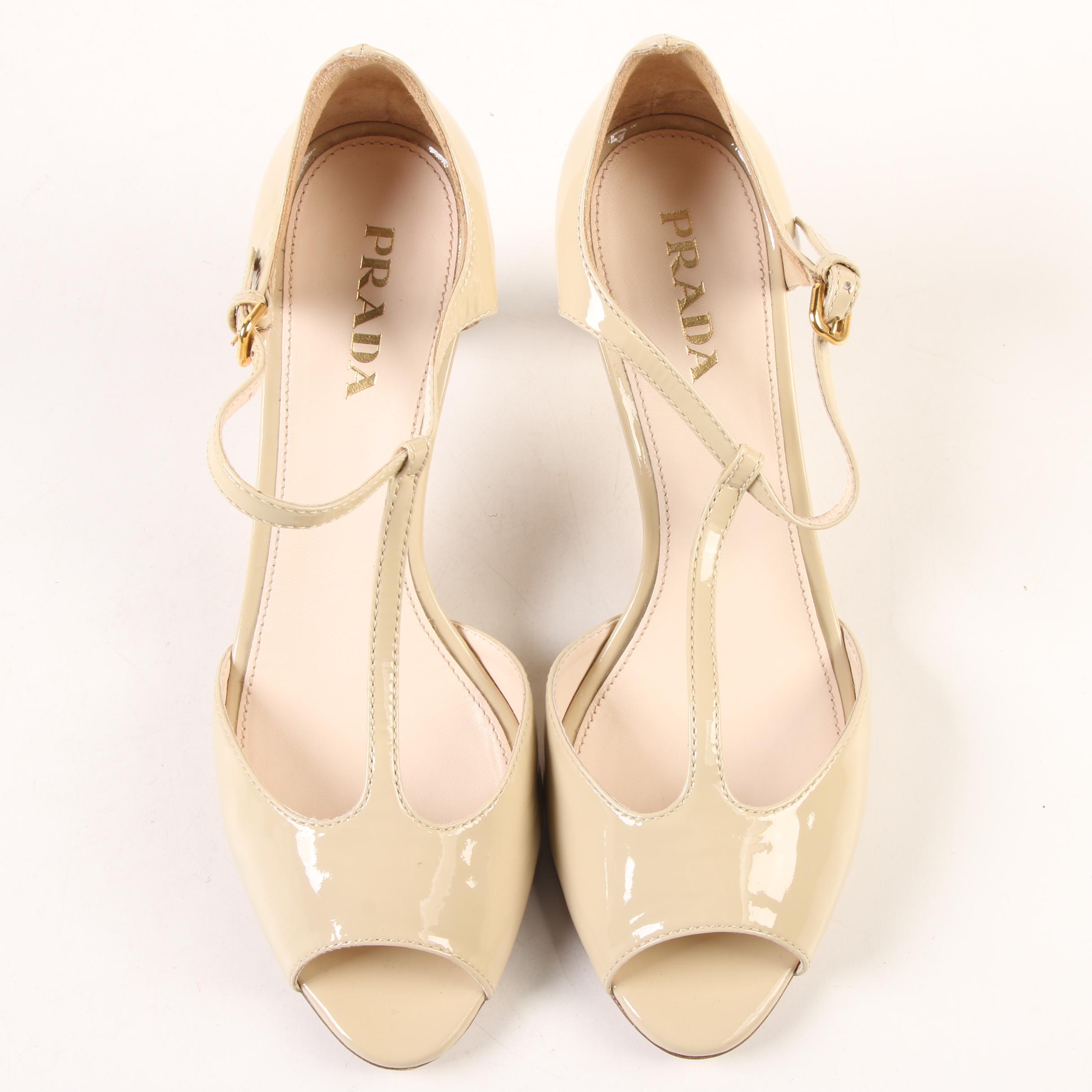 Prada T-Strap d'Orsay 1K251C Heels in Beige Patent Leather