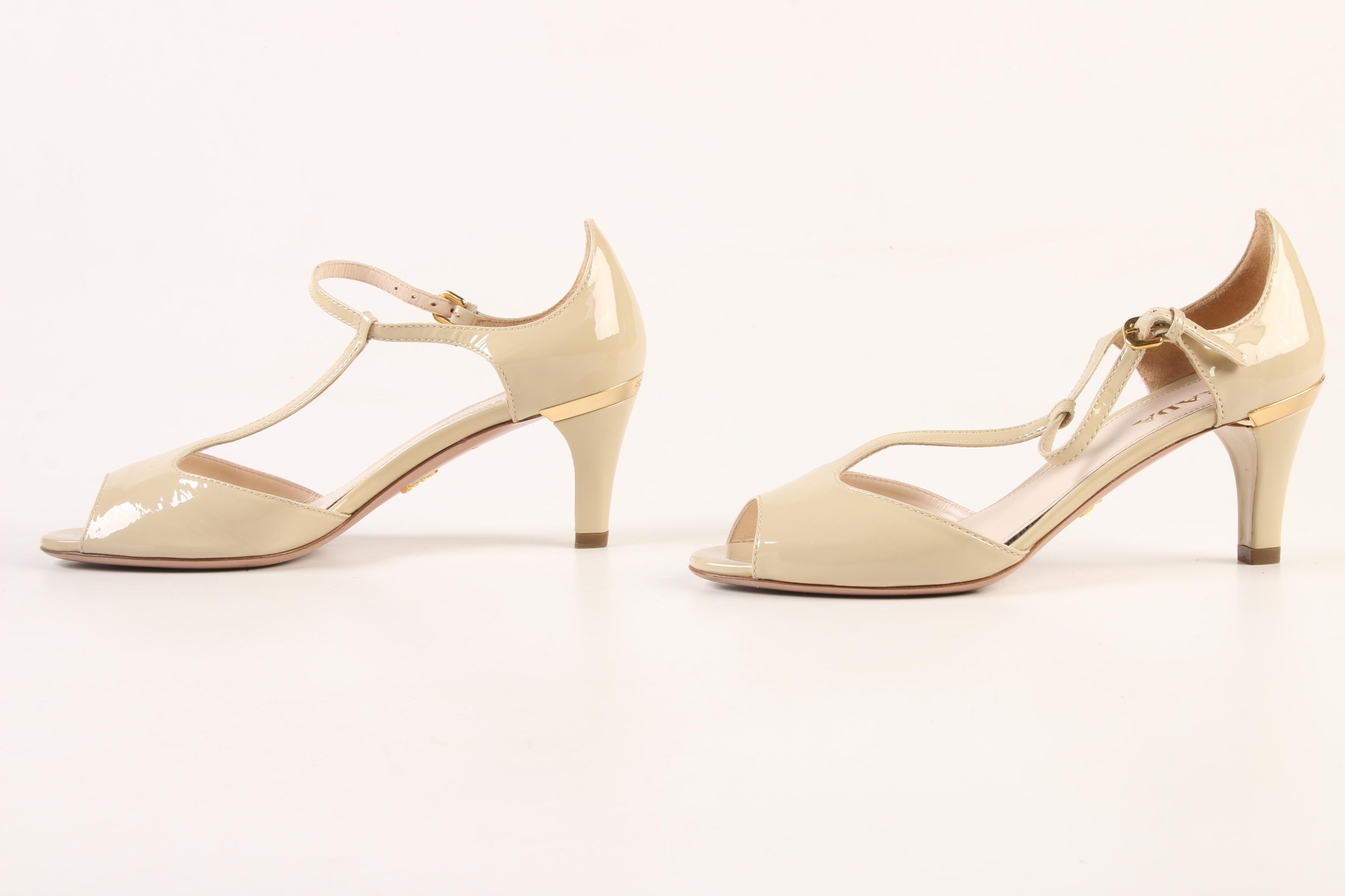 Prada T-Strap d'Orsay 1K251C Heels in Beige Patent Leather