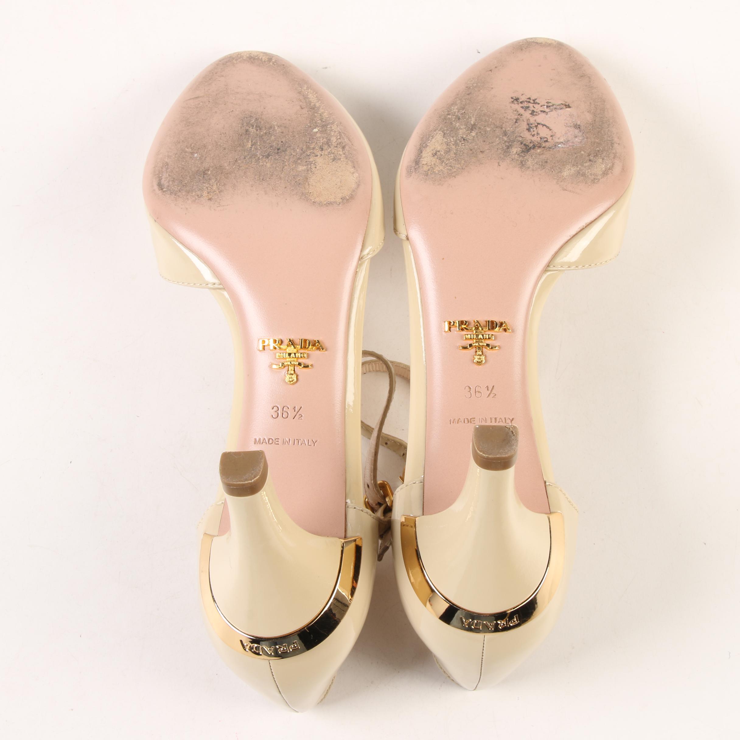 Prada T-Strap d'Orsay 1K251C Heels in Beige Patent Leather
