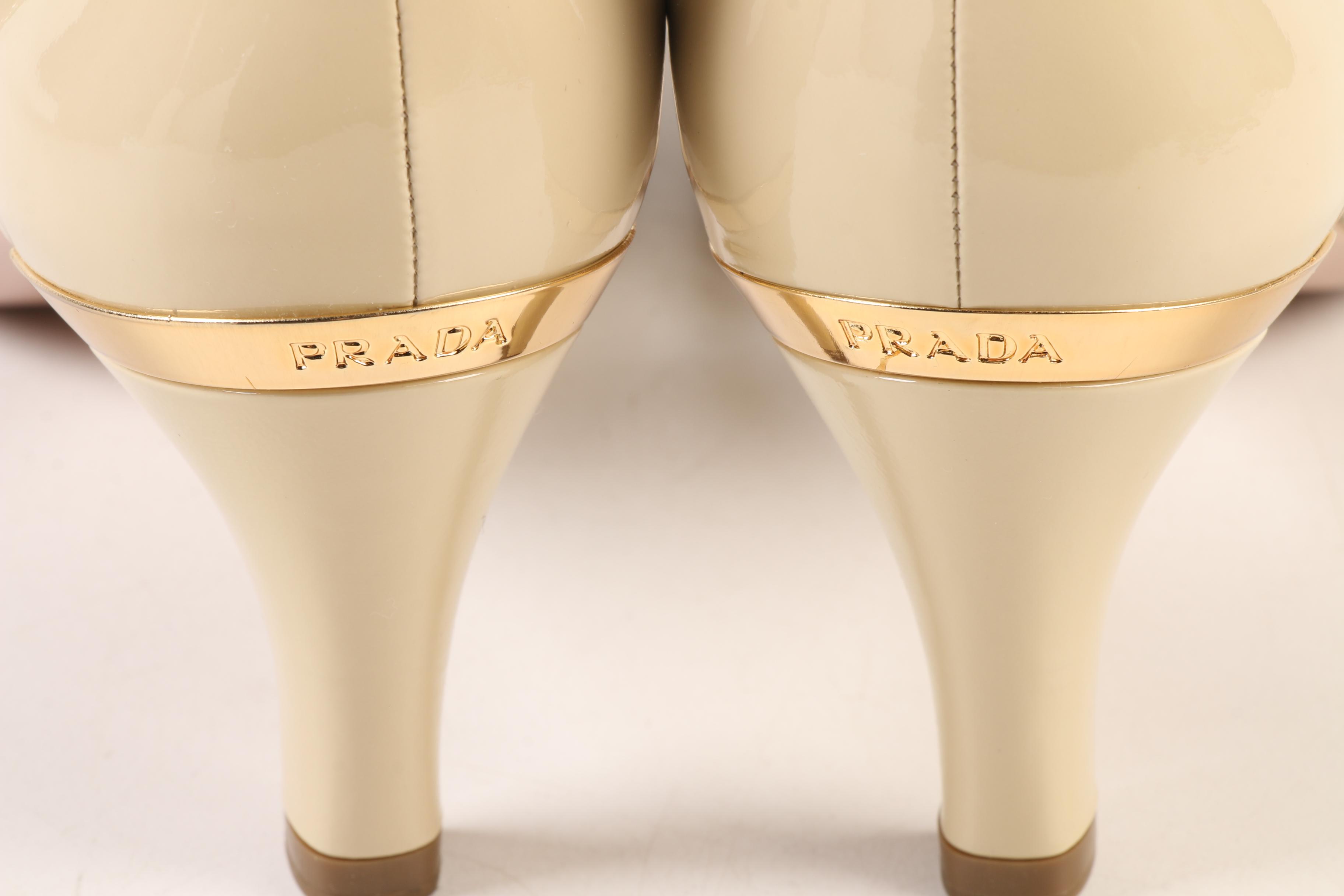 Prada T-Strap d'Orsay 1K251C Heels in Beige Patent Leather