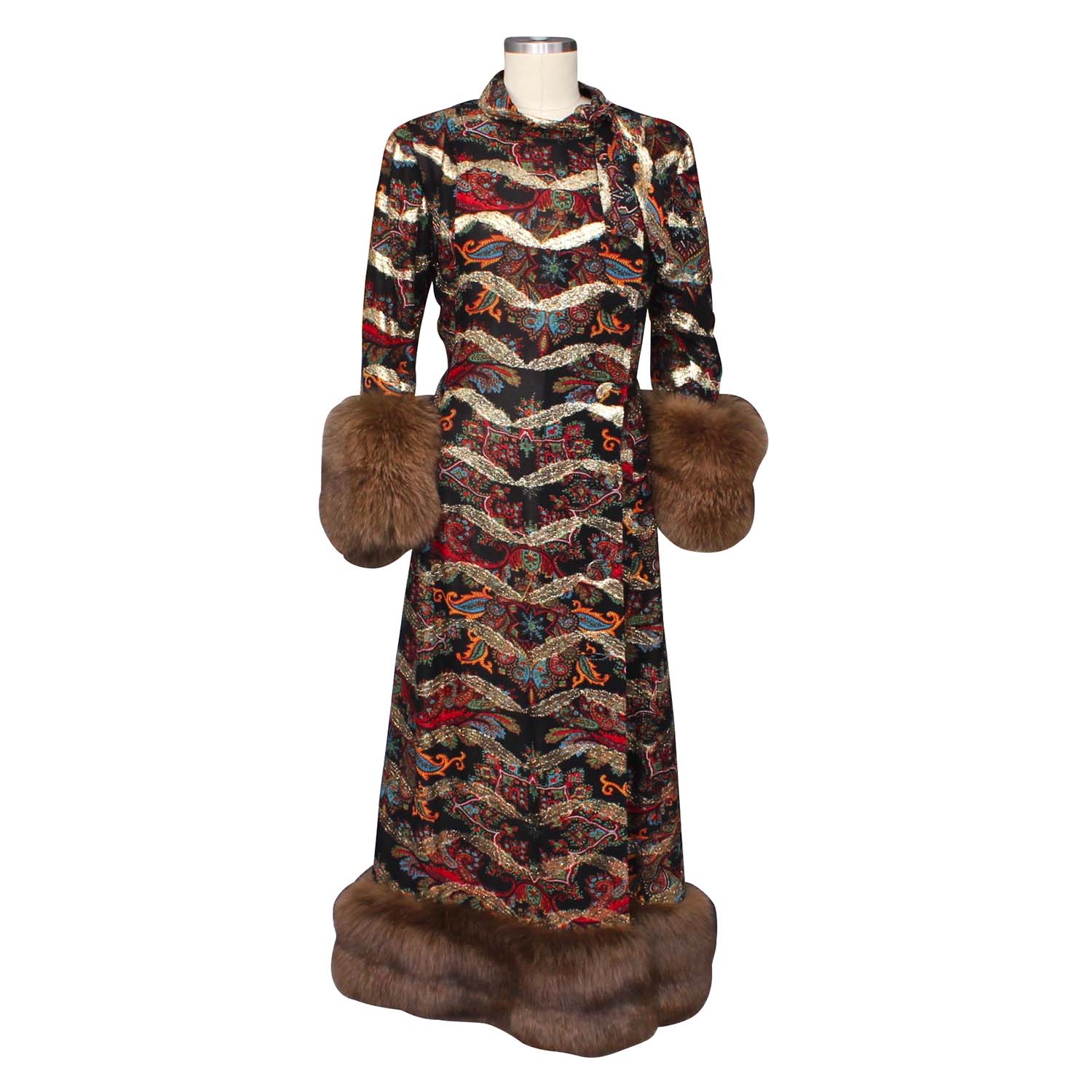 Pauline Trigère Black Paisley Print Silk Evening Gown with Sable Fur Trim, 1960s