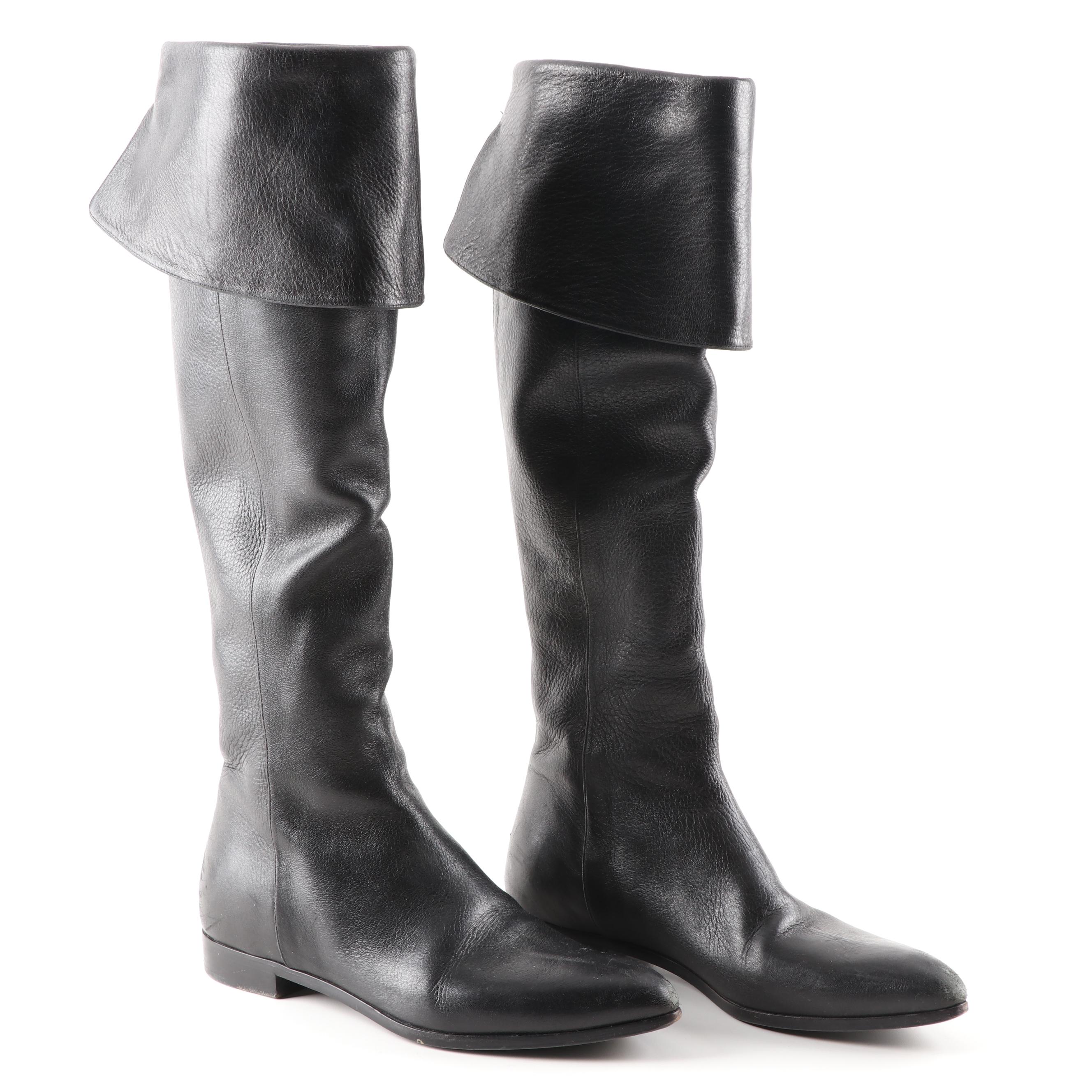 Prada Black Grained Leather Foldover Pirate Boots with Zipper Back
