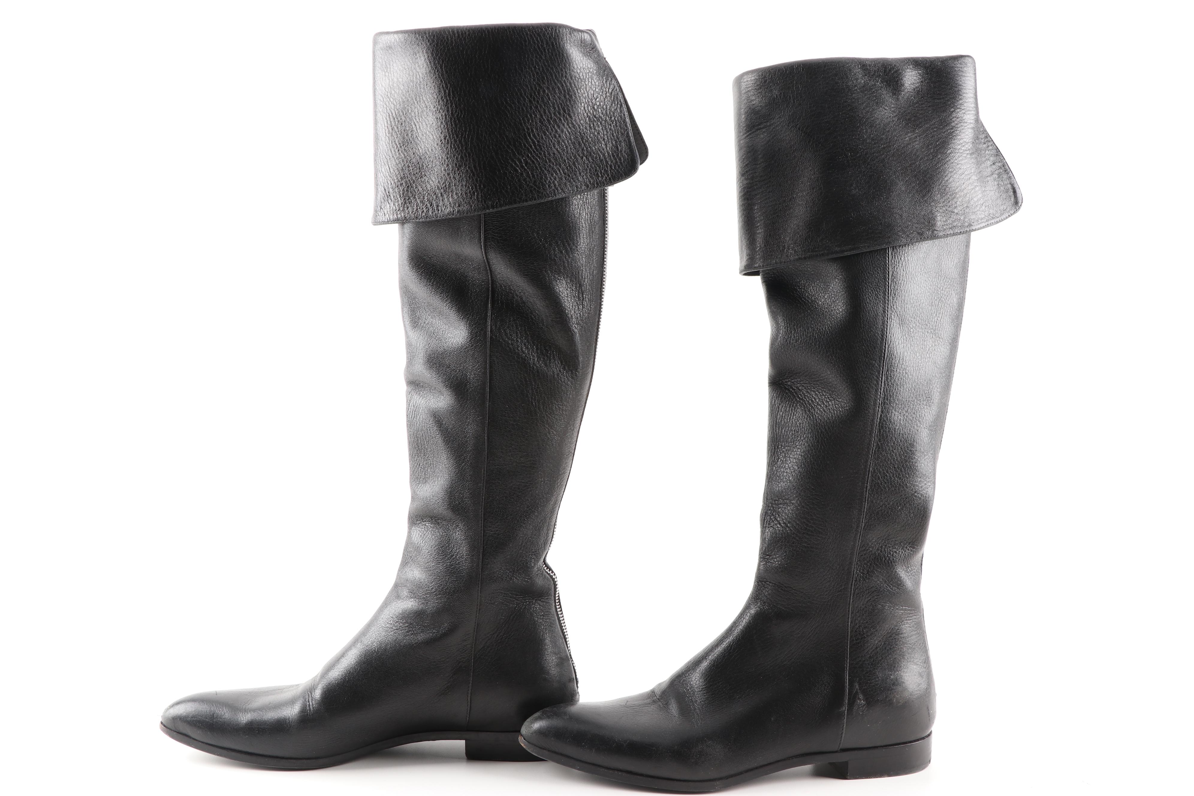 Prada Black Grained Leather Foldover Pirate Boots with Zipper Back