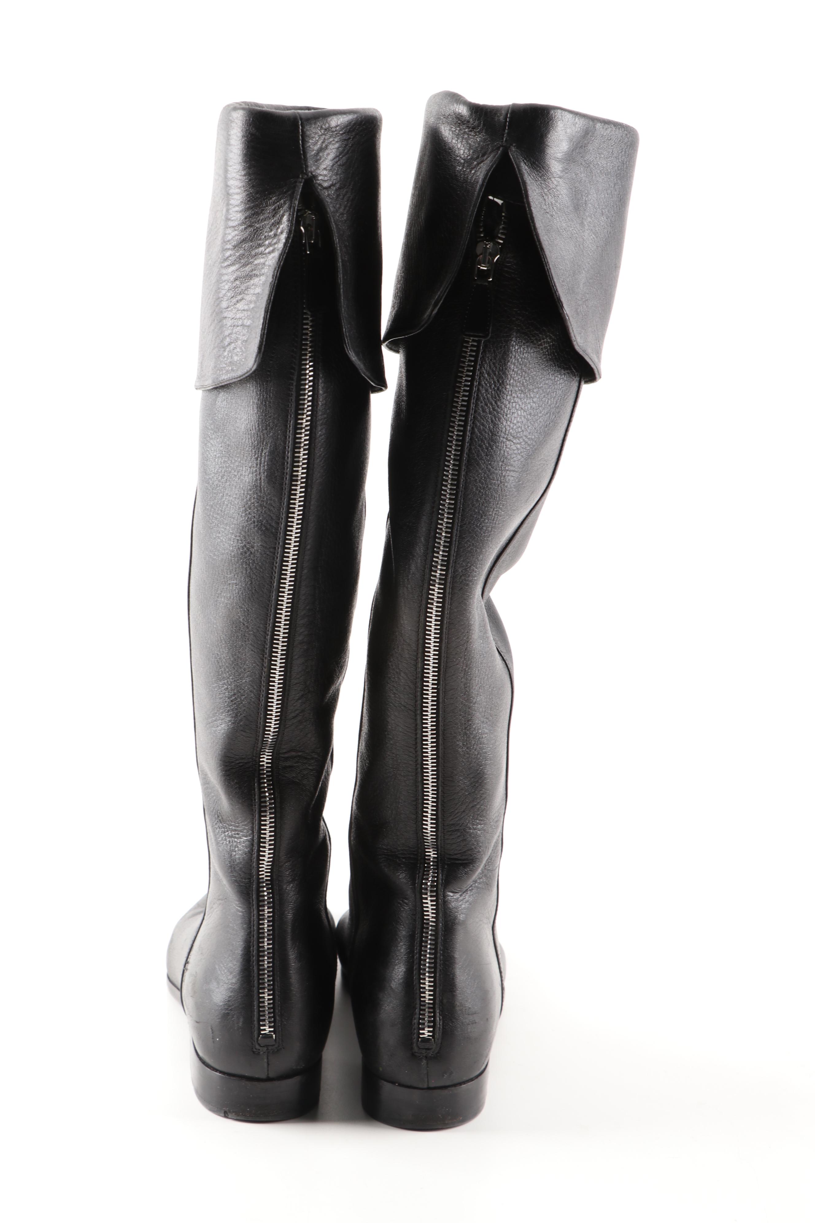 Prada Black Grained Leather Foldover Pirate Boots with Zipper Back