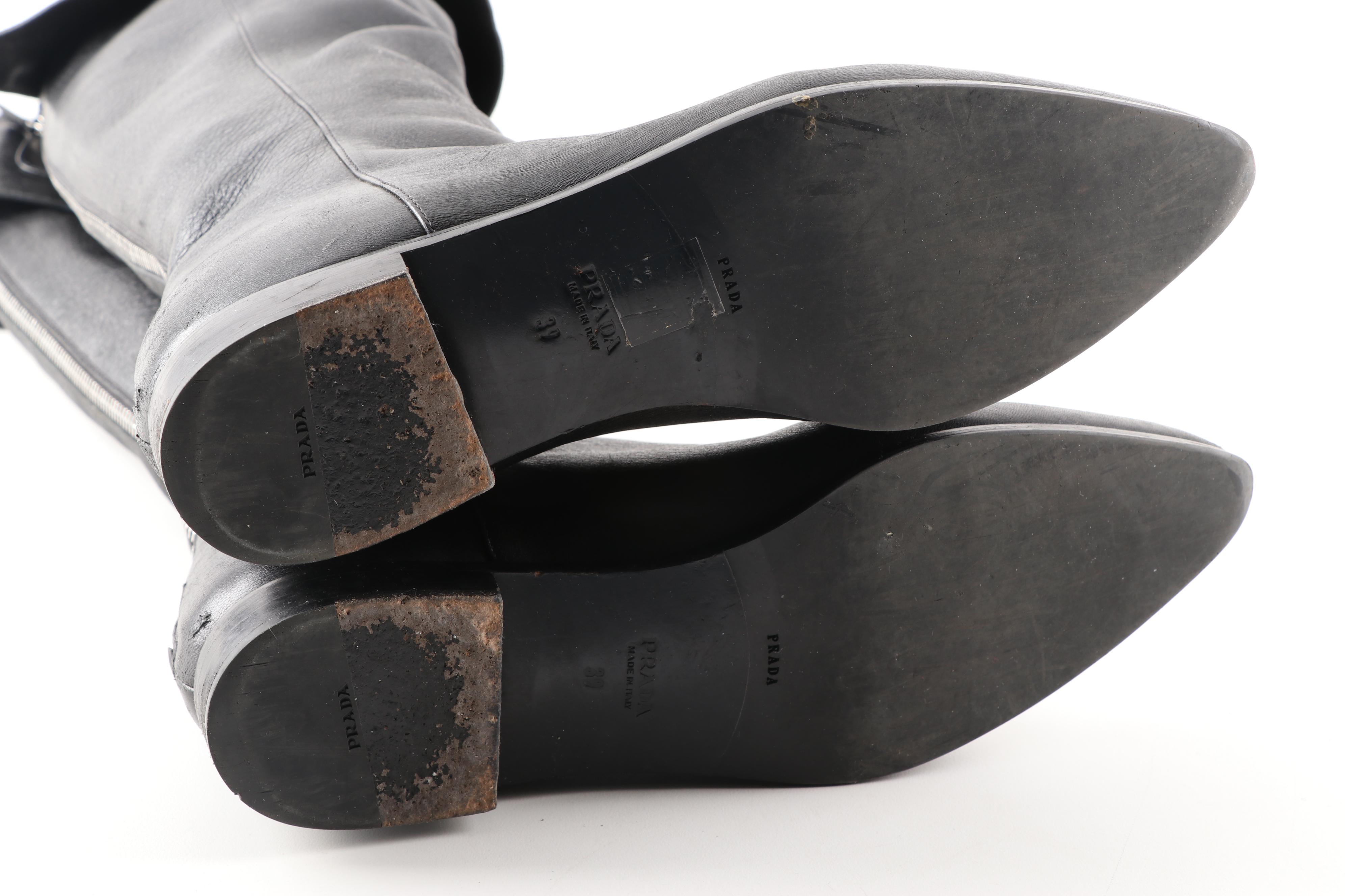 Prada Black Grained Leather Foldover Pirate Boots with Zipper Back