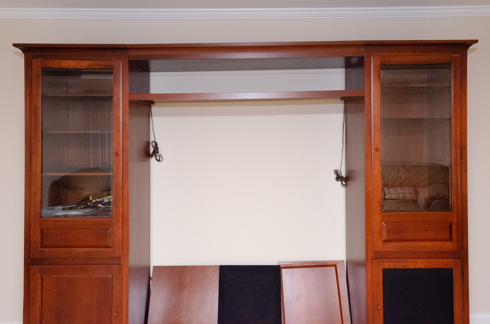 Transitional Style Cherry-Finish Entertainment Center with Glass Doors