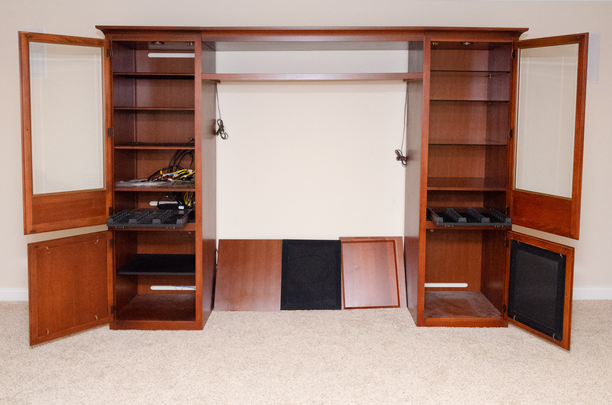 Transitional Style Cherry-Finish Entertainment Center with Glass Doors