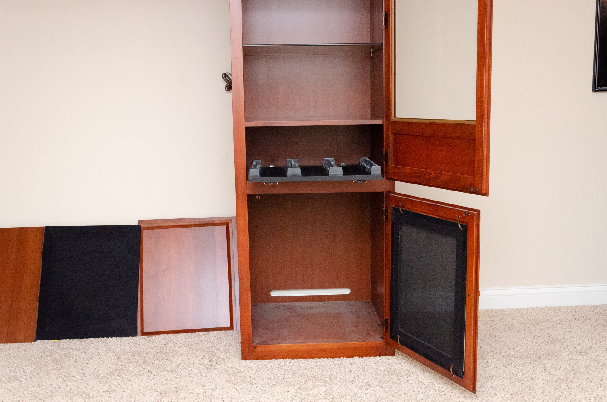 Transitional Style Cherry-Finish Entertainment Center with Glass Doors