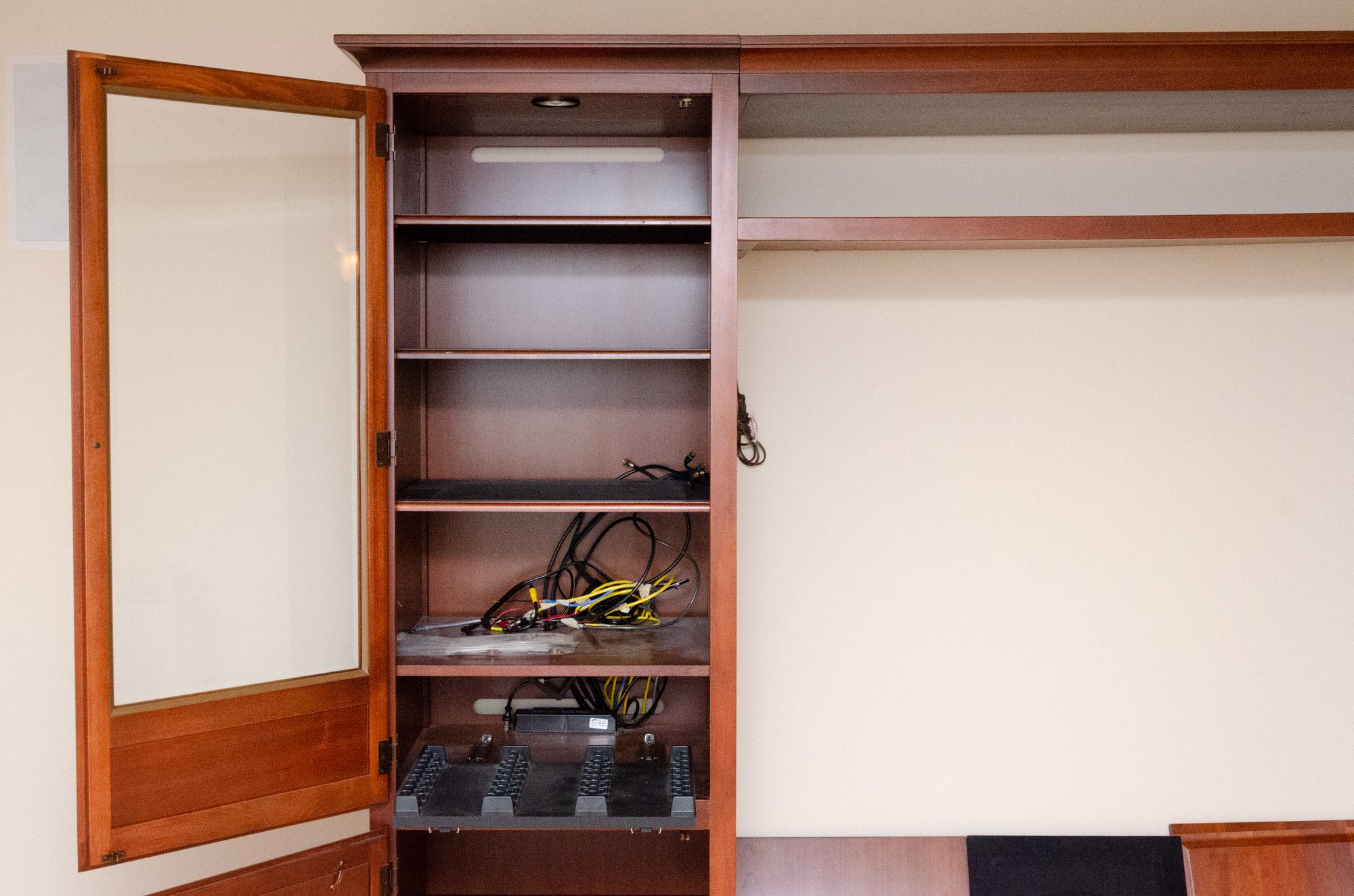 Transitional Style Cherry-Finish Entertainment Center with Glass Doors