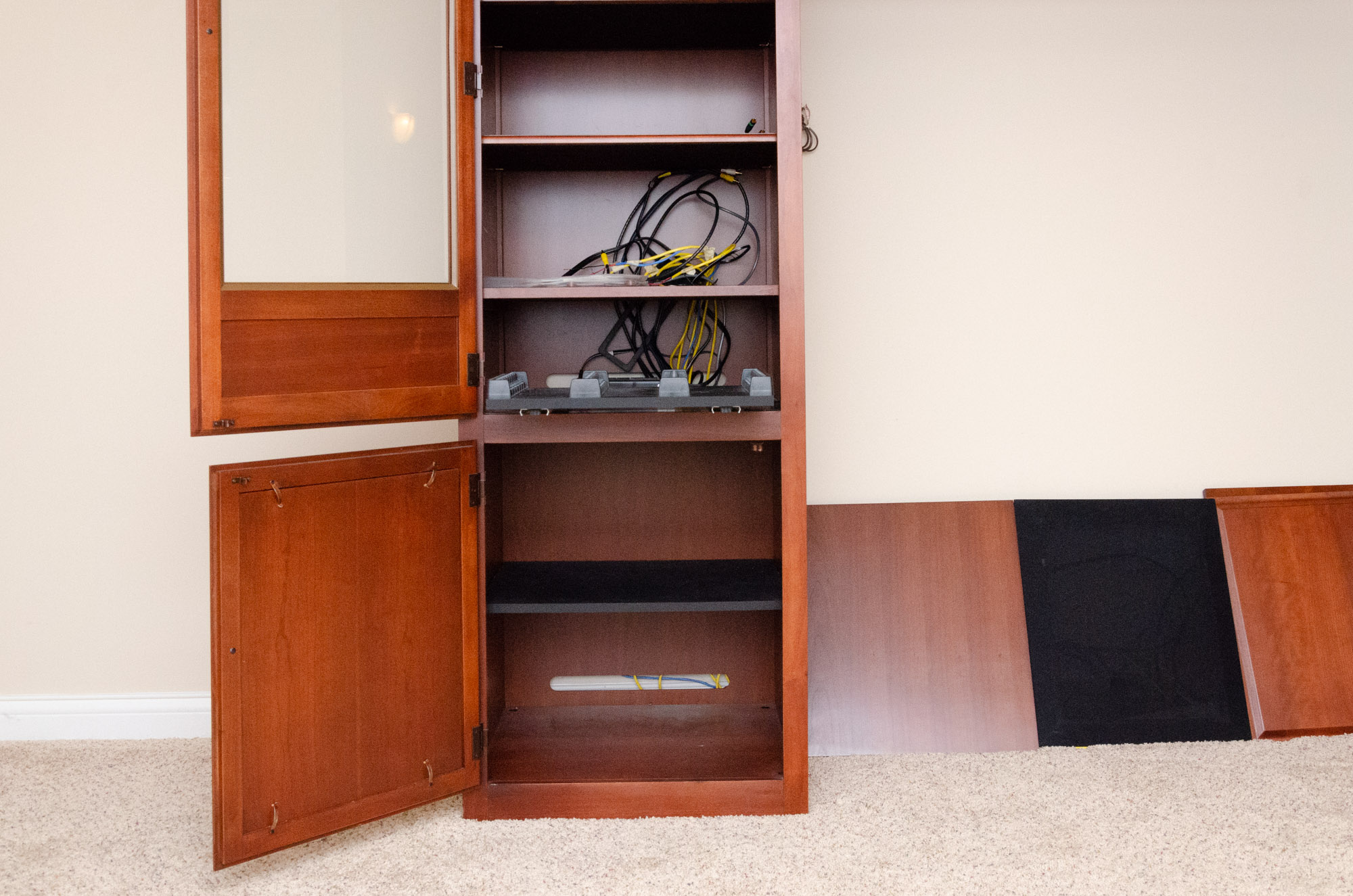 Transitional Style Cherry-Finish Entertainment Center with Glass Doors